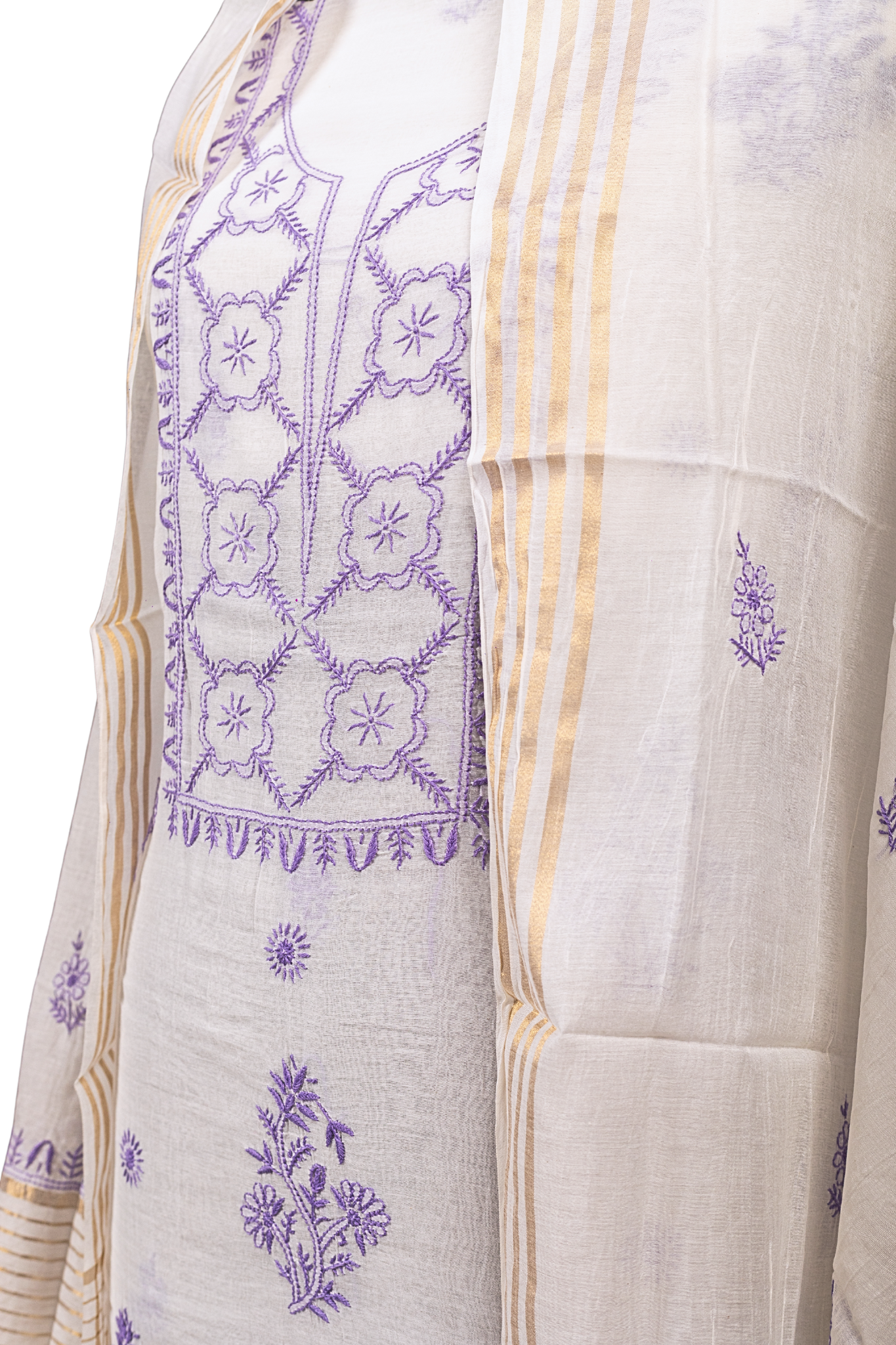 Mul Chikankari Suit with Gala Buti Work (3 Piece, Unstitched, White/Purple)
