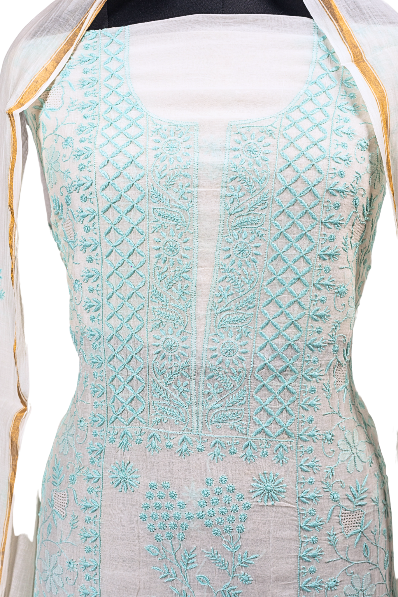 Mul Chanderi Chikankari Suit with Full Jaal Work (3 Piece, Unstitched, Off-White/Aqua Blue)