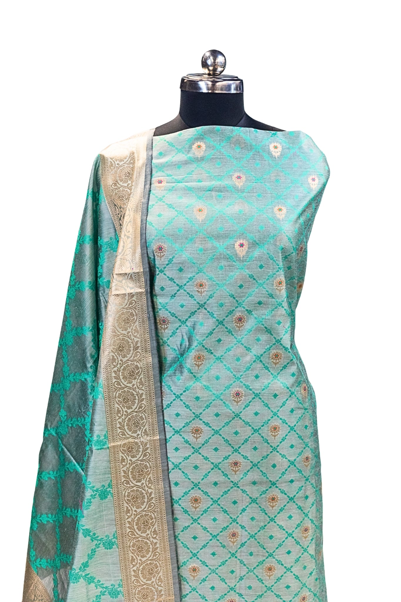 Banarasi Silk Suit(3 Piece, Unstitched, Green)