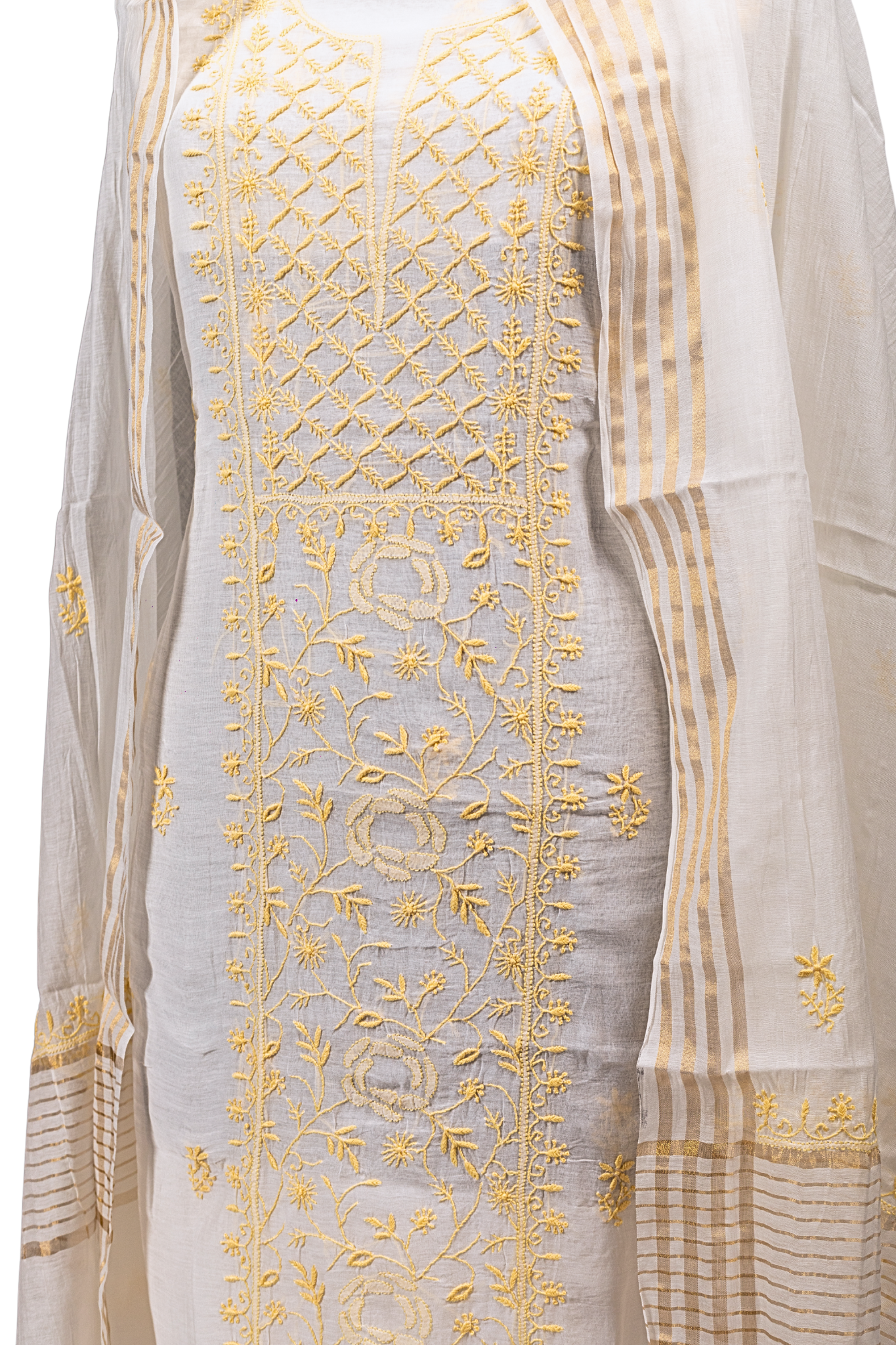 Mul Chikankari Suit with Panel Work (3 Piece, Unstitched, White/Yellow)