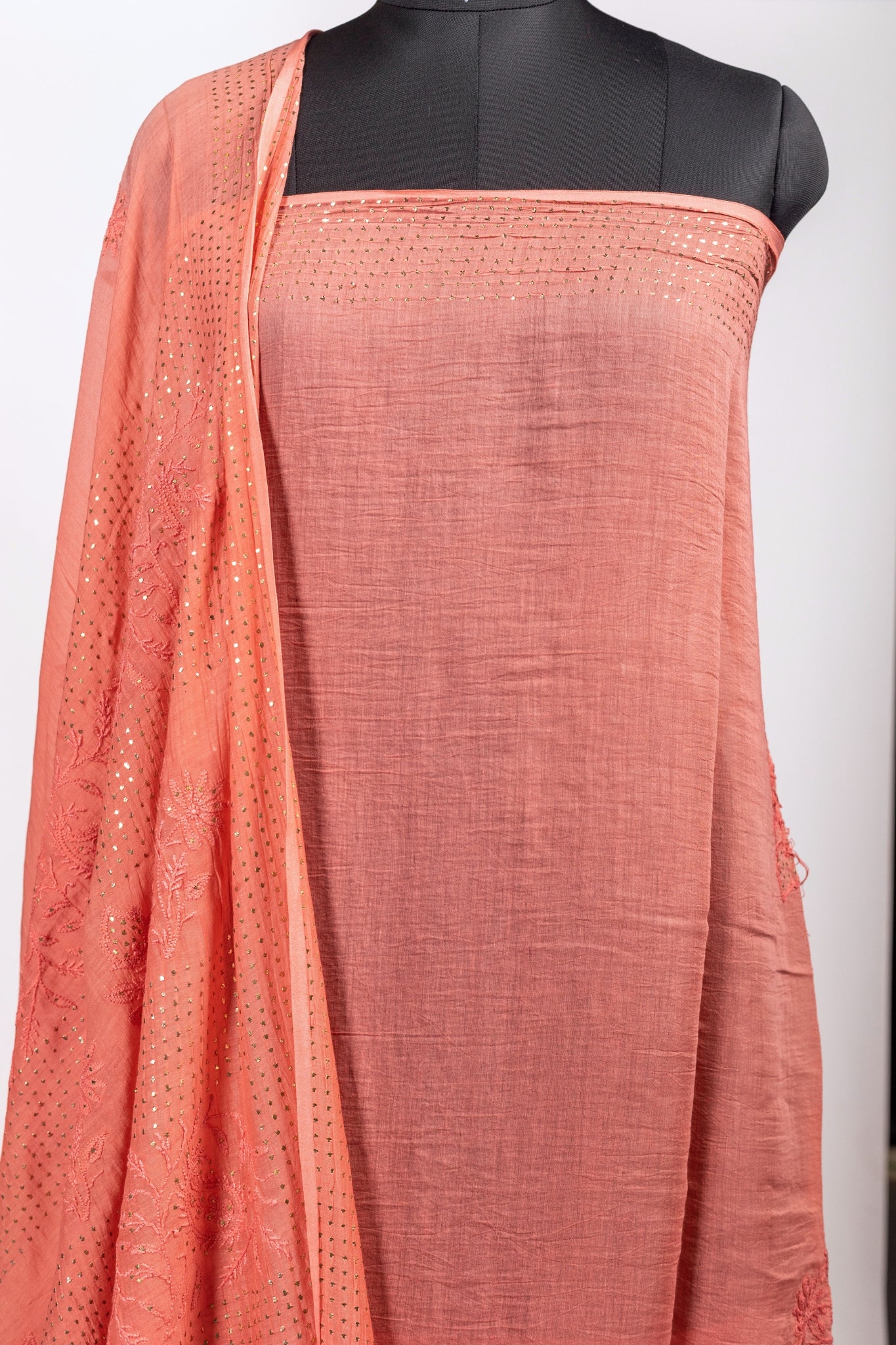 Mul Chanderi Chikankari Saree with Mukaish Work (Brick Red)