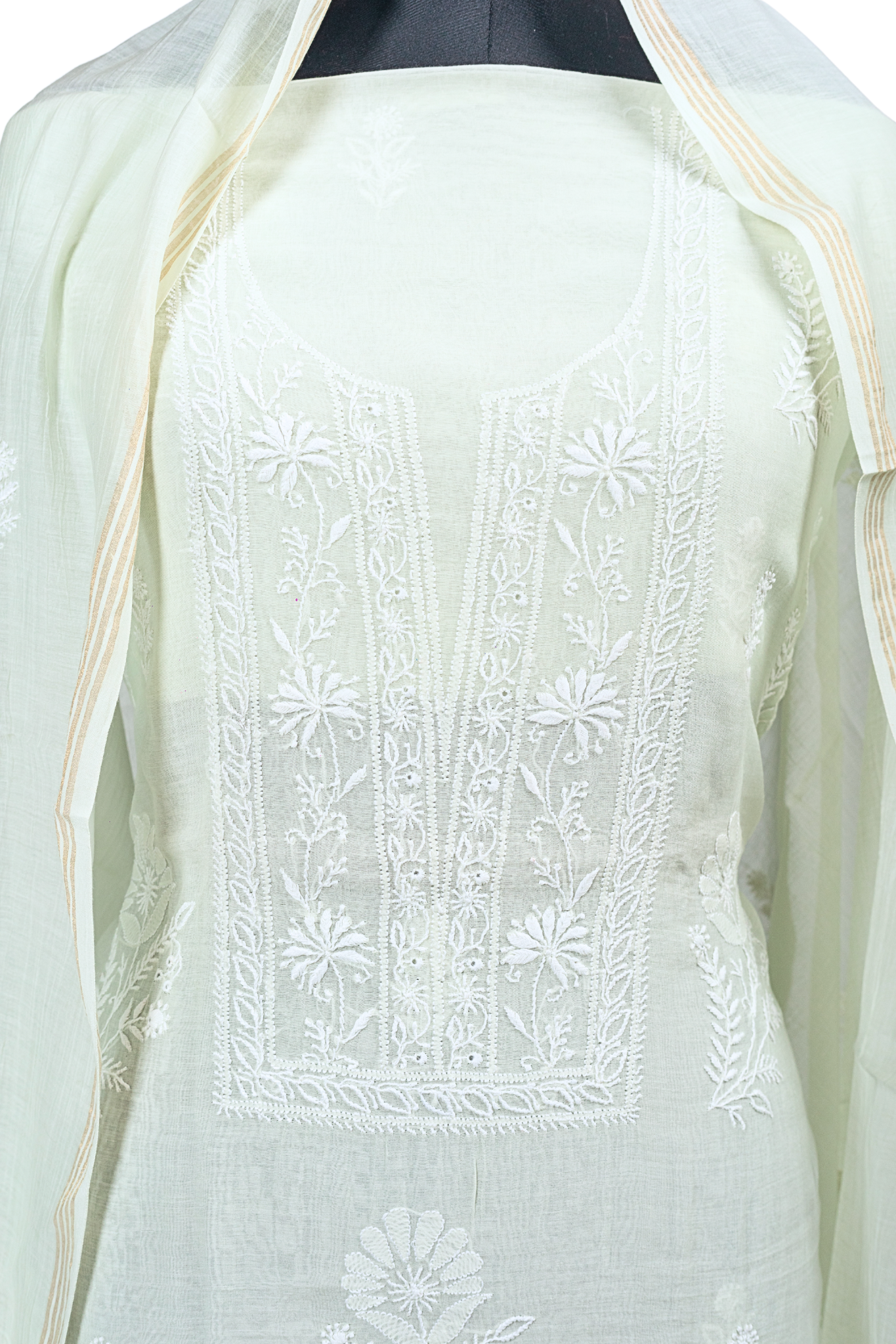 Mul Chikankari Suit with Gala Buti Work (3 Piece, Unstitched, Sage Green)