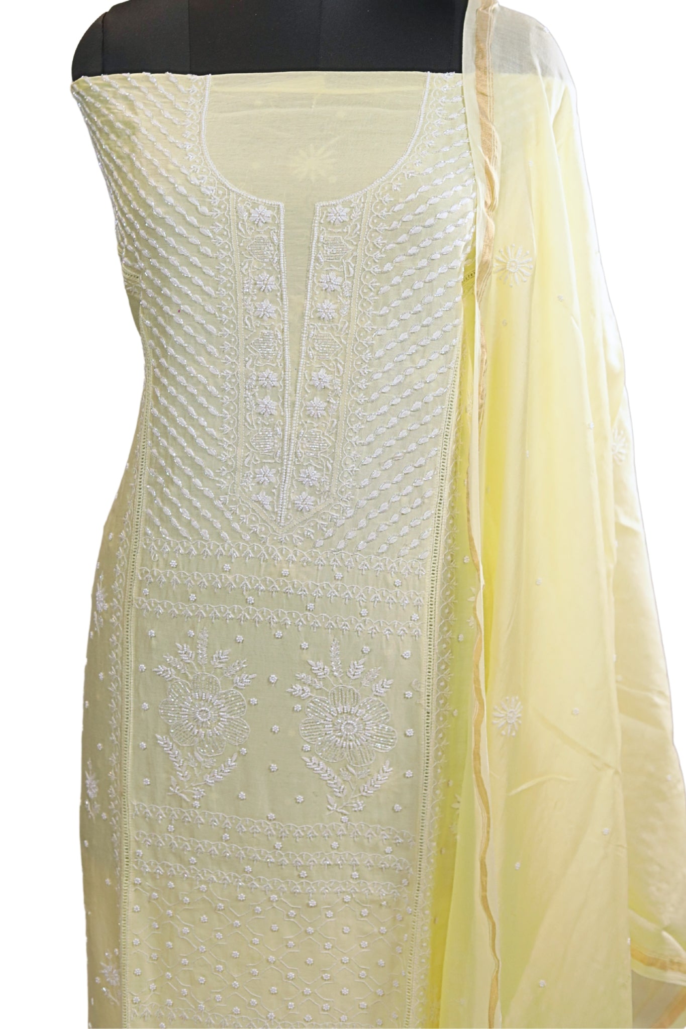 Mul Chanderi Chikankari Suit with Cutdana Moti Work (3 Piece, Unstitched, Yellow)