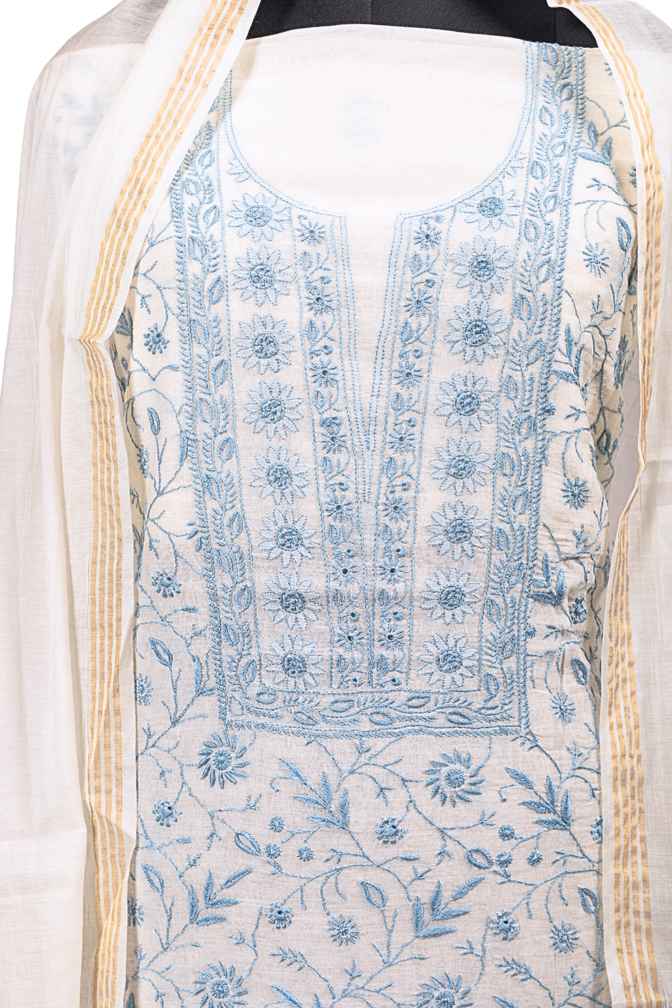 Mul Chanderi Chikankari Suit with Full Jaal Work (3 Piece, Unstitched, Off-White/Blue)