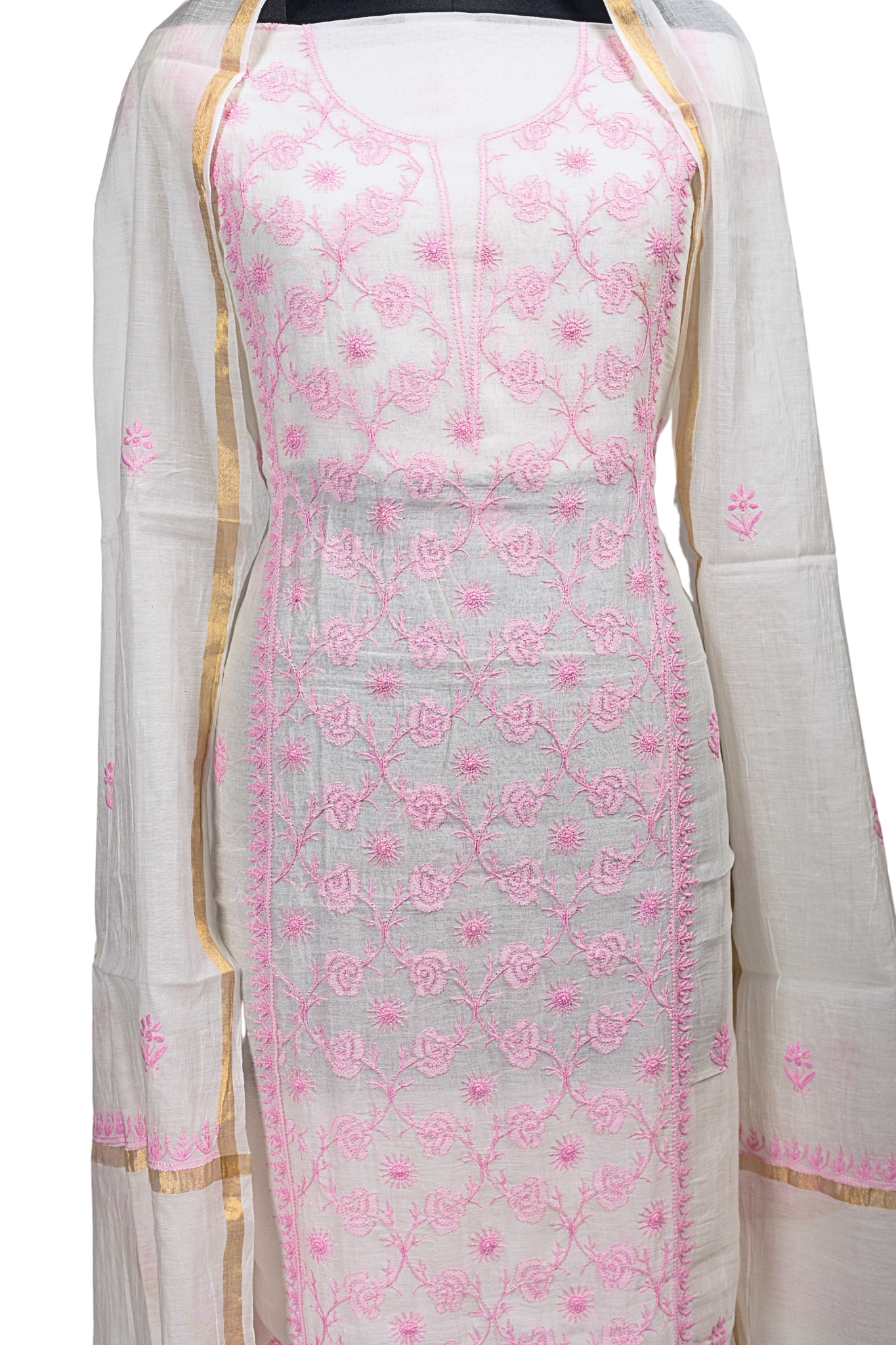 Mul Chikankari Suit with Panel Work (3 Piece, Unstitched, White/Pink)