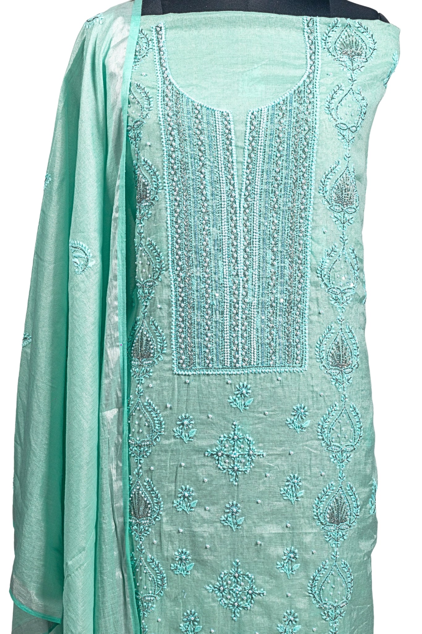 Tissue Chikankari Suit with Cutdana Moti & Add On Work (3 Piece, Unstitched, Sea Green)
