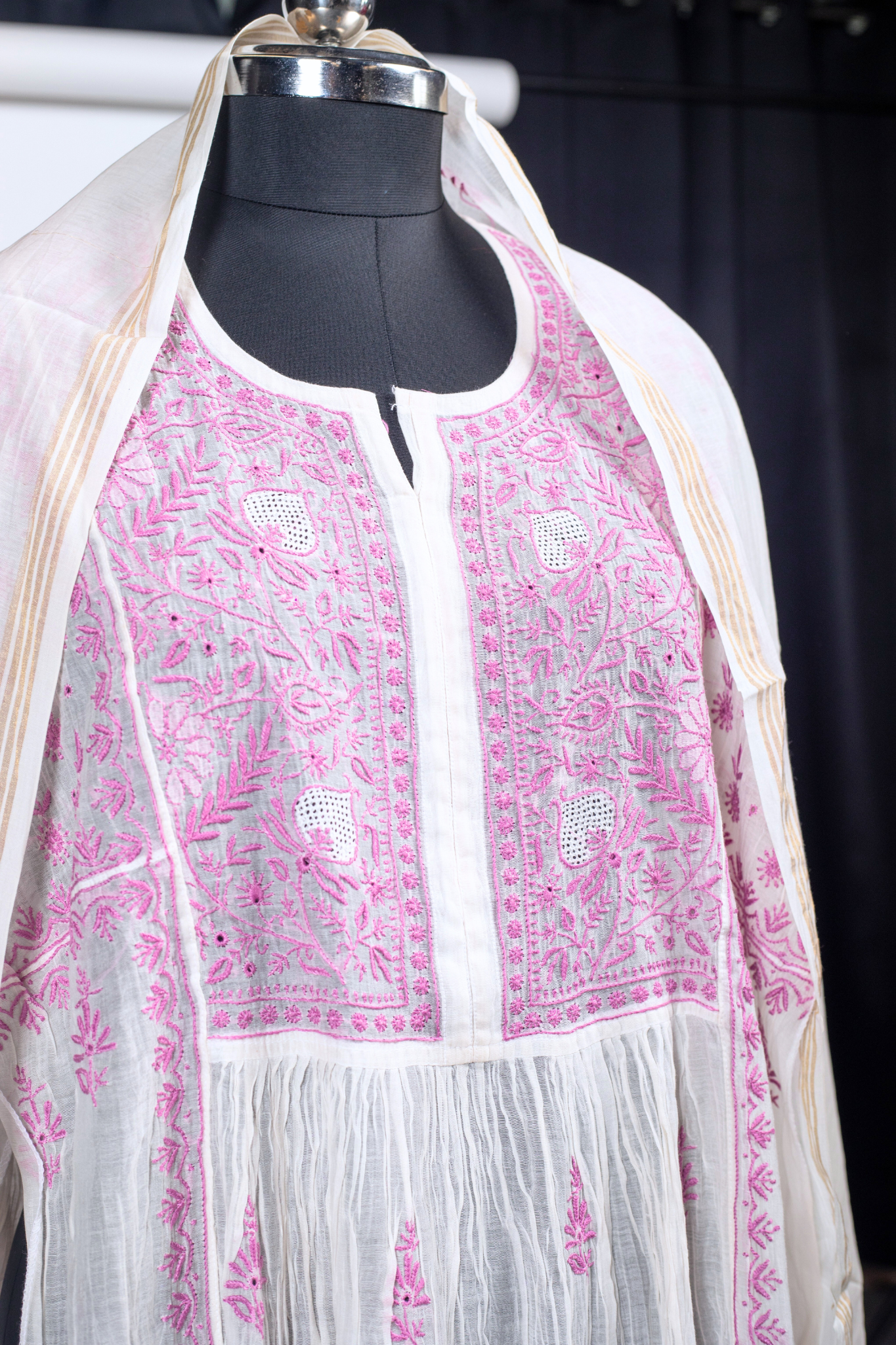 Mul Chanderi Semi-stitched Chikankari Anarkali Suit (3 Piece, Off-White with Coloured Embroidery)