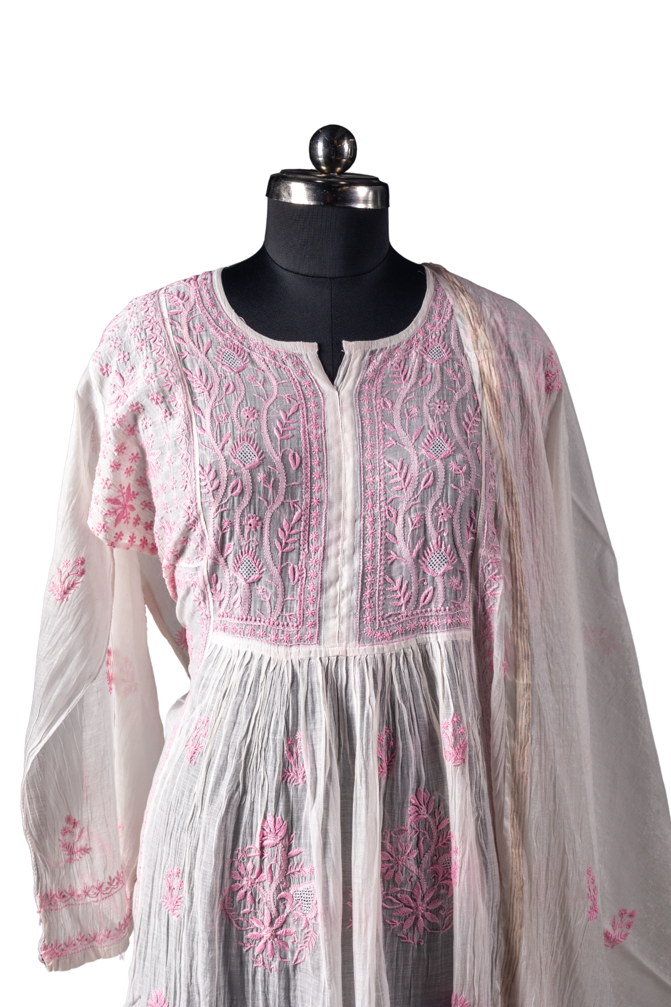 Mul Chanderi Semi-stitched Chikankari Anarkali Suit (3 Piece, Off-White with Coloured Embroidery)