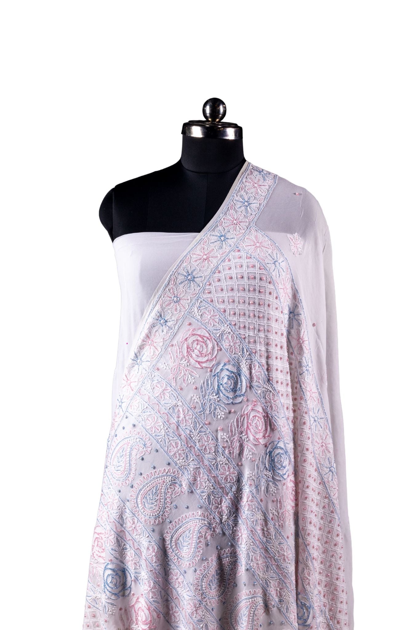 Viscose Georgette Chikankari Saree with Multicoloured Cutdana Moti Work (White)