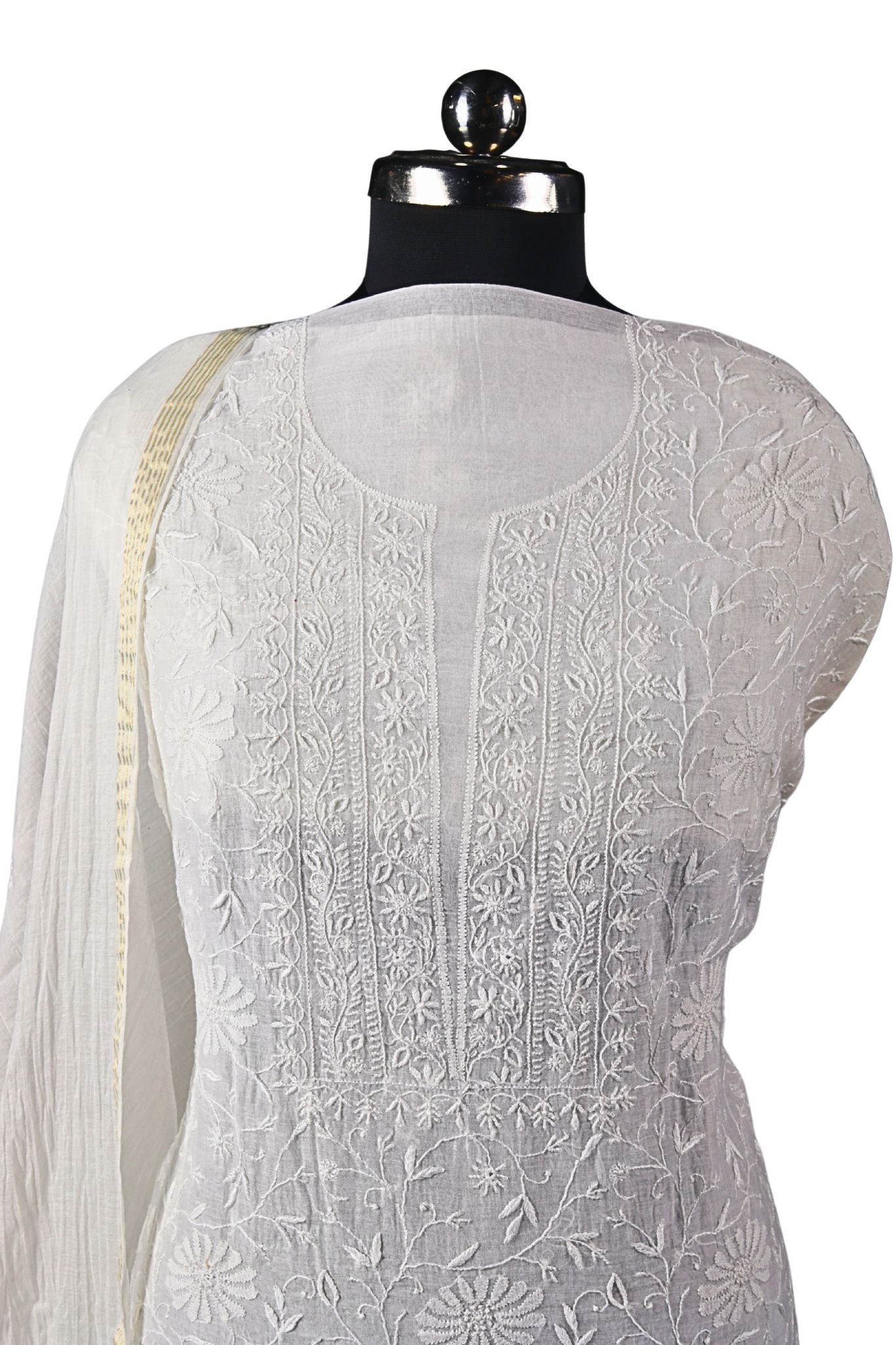 Mul Chanderi Chikankari Suit with Full Jaal Work (3 Piece, Unstitched, Dyeable, Off-White)