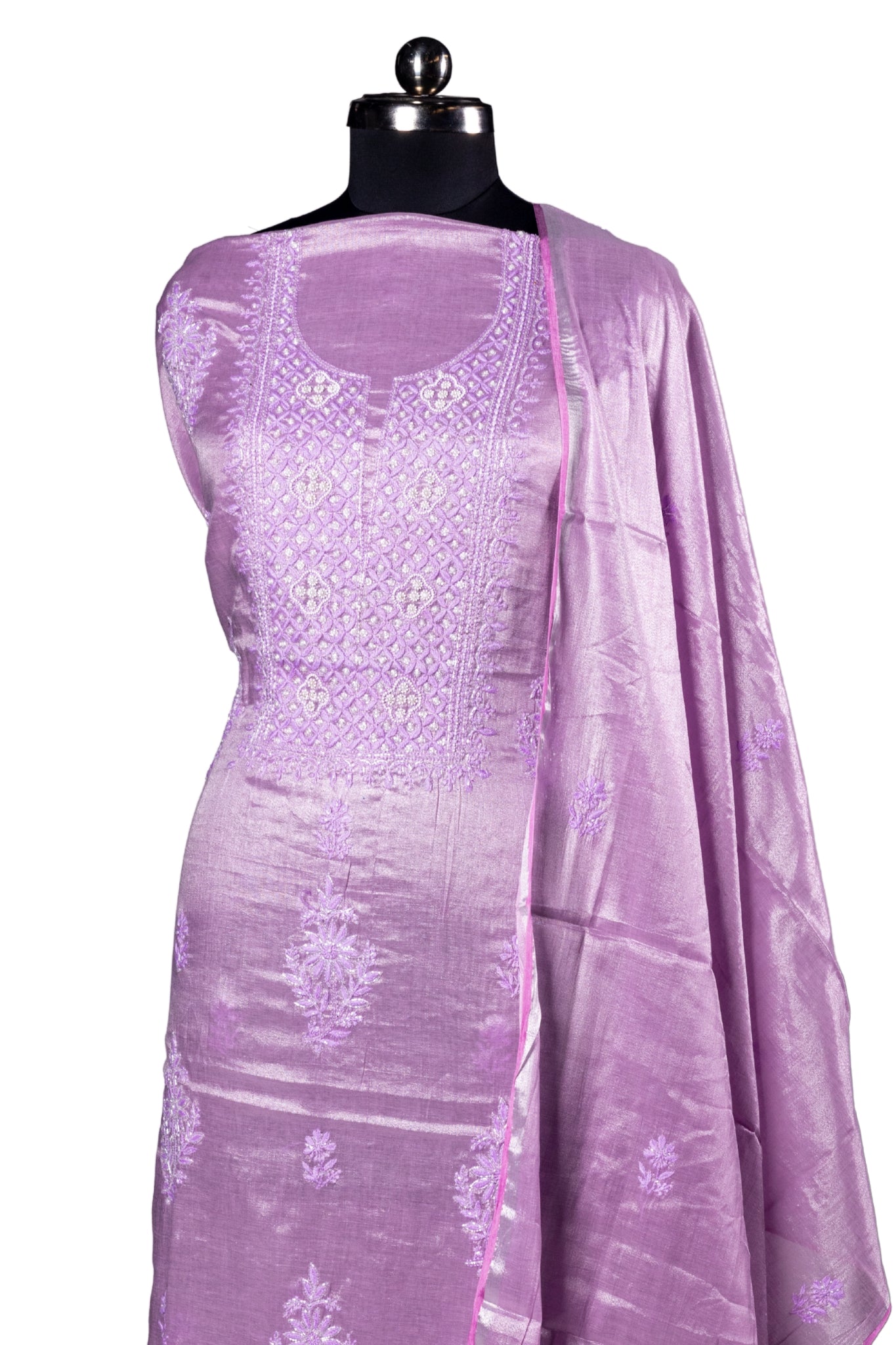Tissue Chikankari Suit with Cutdana Moti & Add On Work (3 Piece, Unstitched, Mauve)