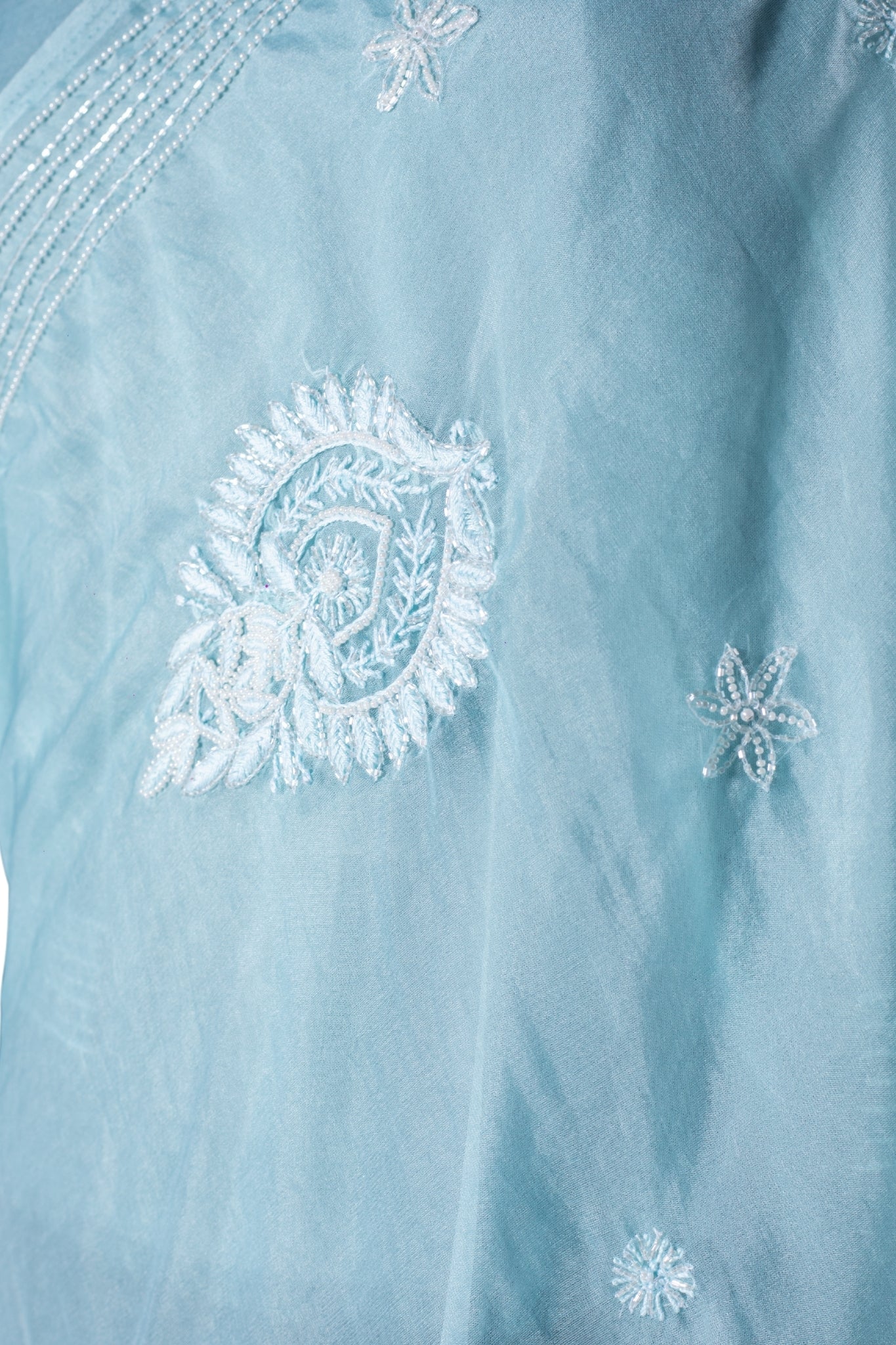 Organza Saree with Chikankari Cutdana Work(Powder Blue)