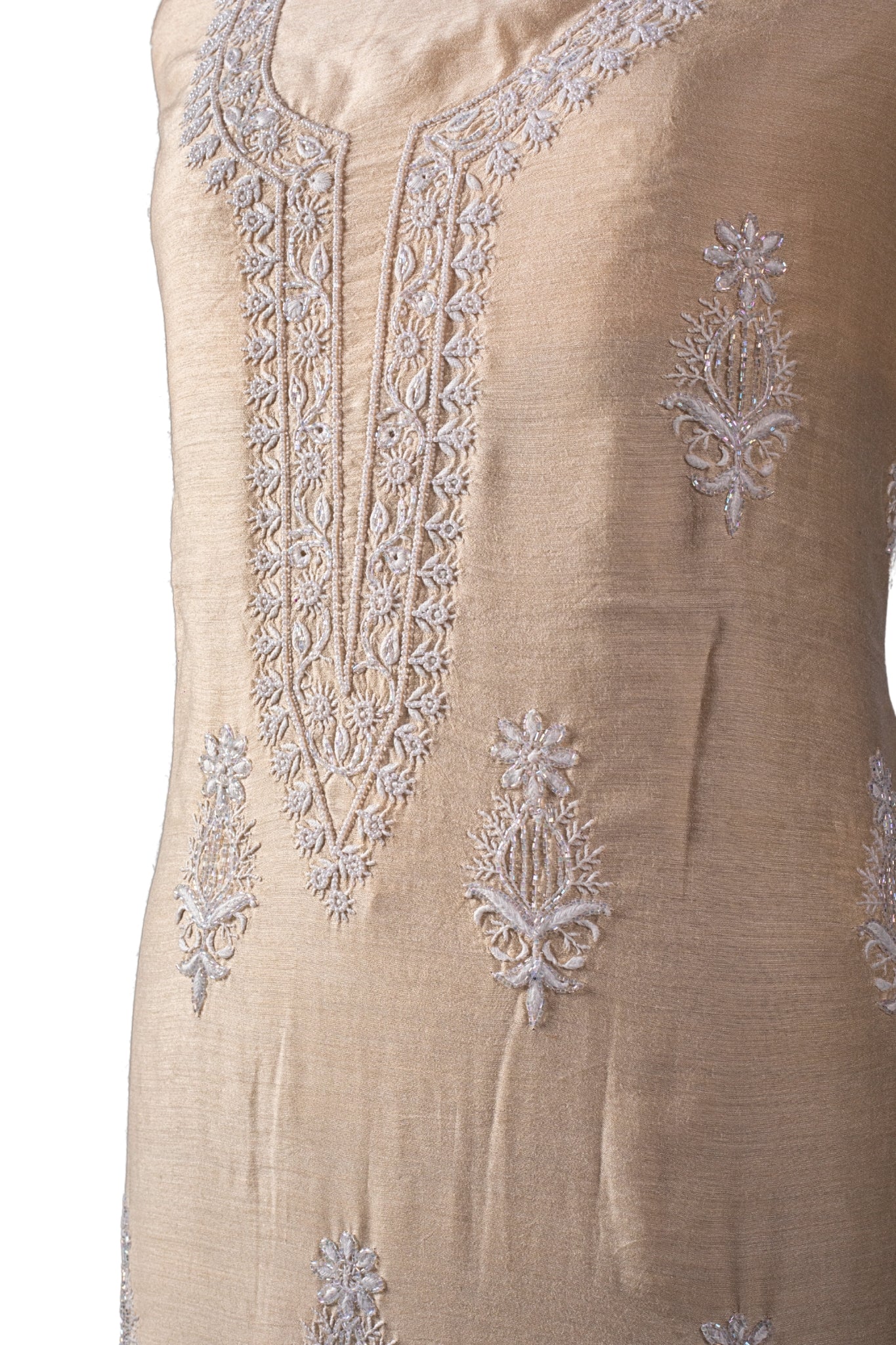 Moga Silk Chikankari Suit with Moti Work(3 Piece, Unstitched, Beige)