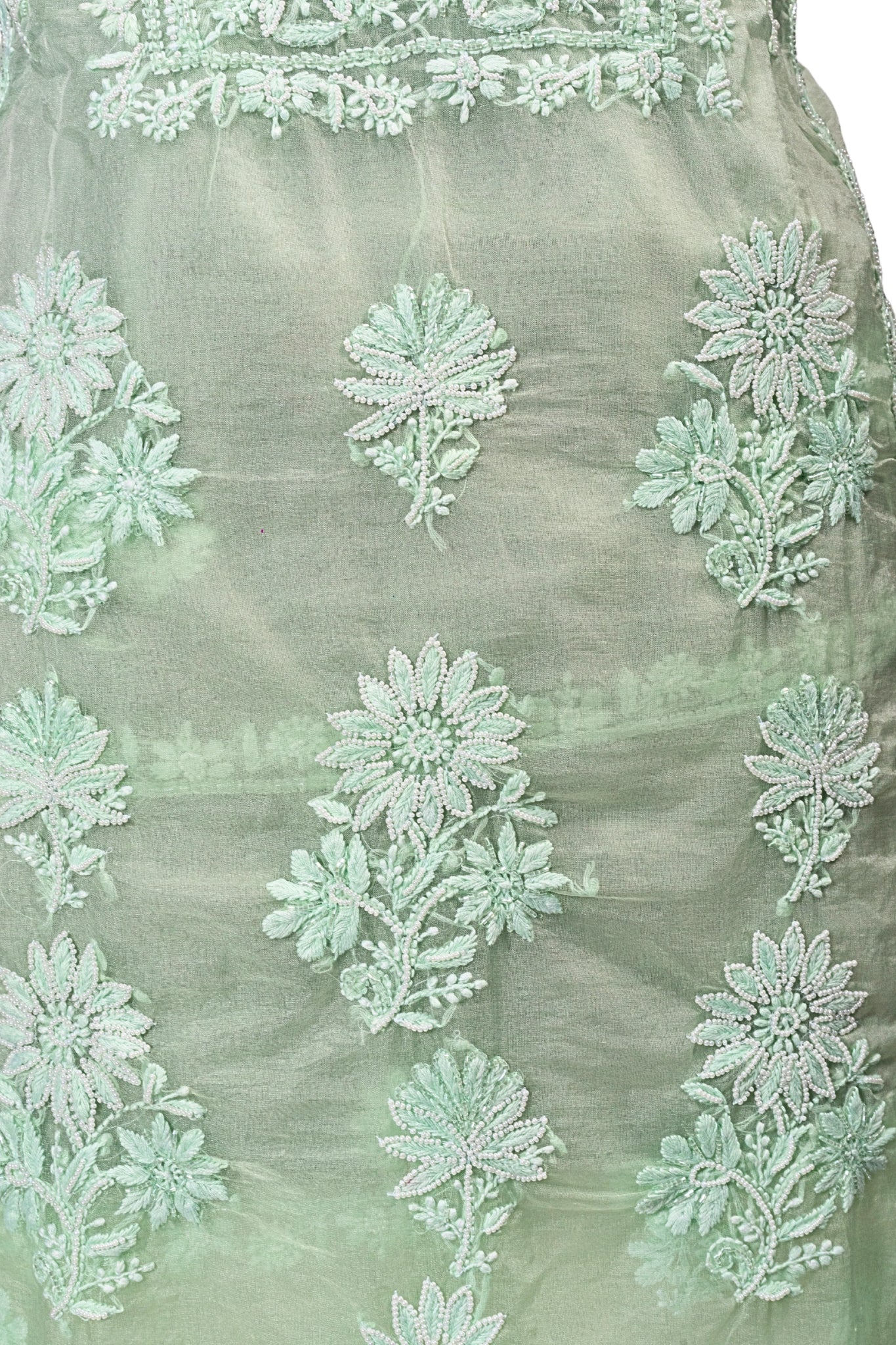 Organza Chikankari Suit with Cutdana Moti Work(4 Piece, Unstitched, Sea Green)