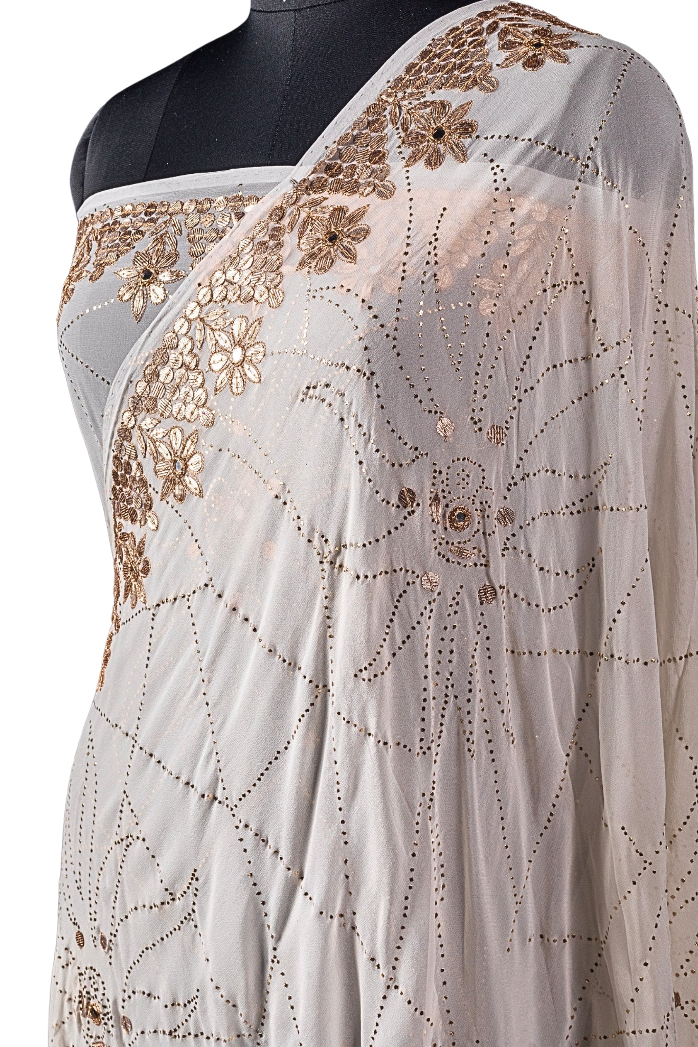 Viscose Chikankari Saree with Mukaish & Gota Patti Work (Off-White, Dyeable)