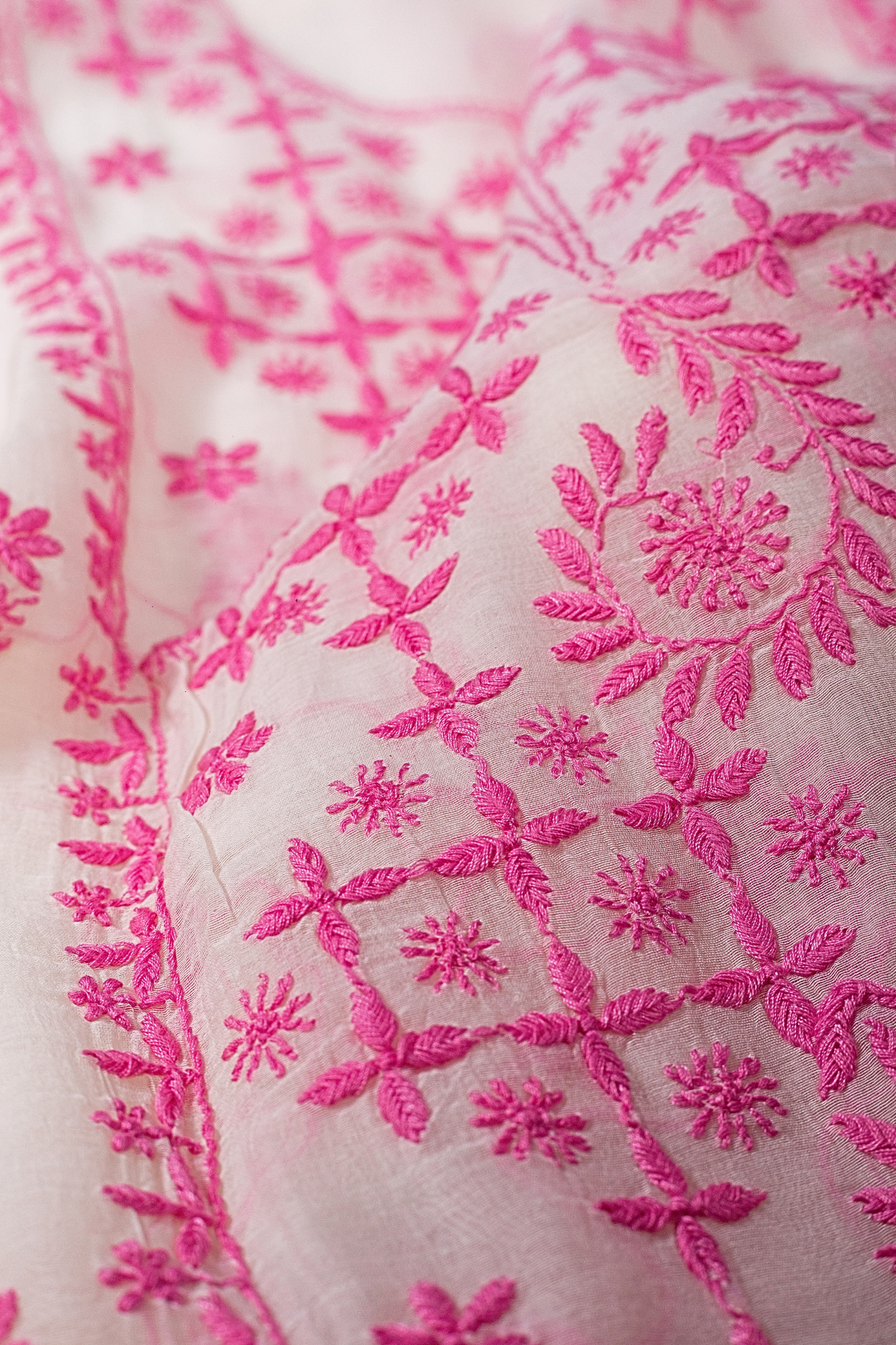 Mul Chikankari Suit with Panel Work (3 Piece, Unstitched, White/Dark Pink)