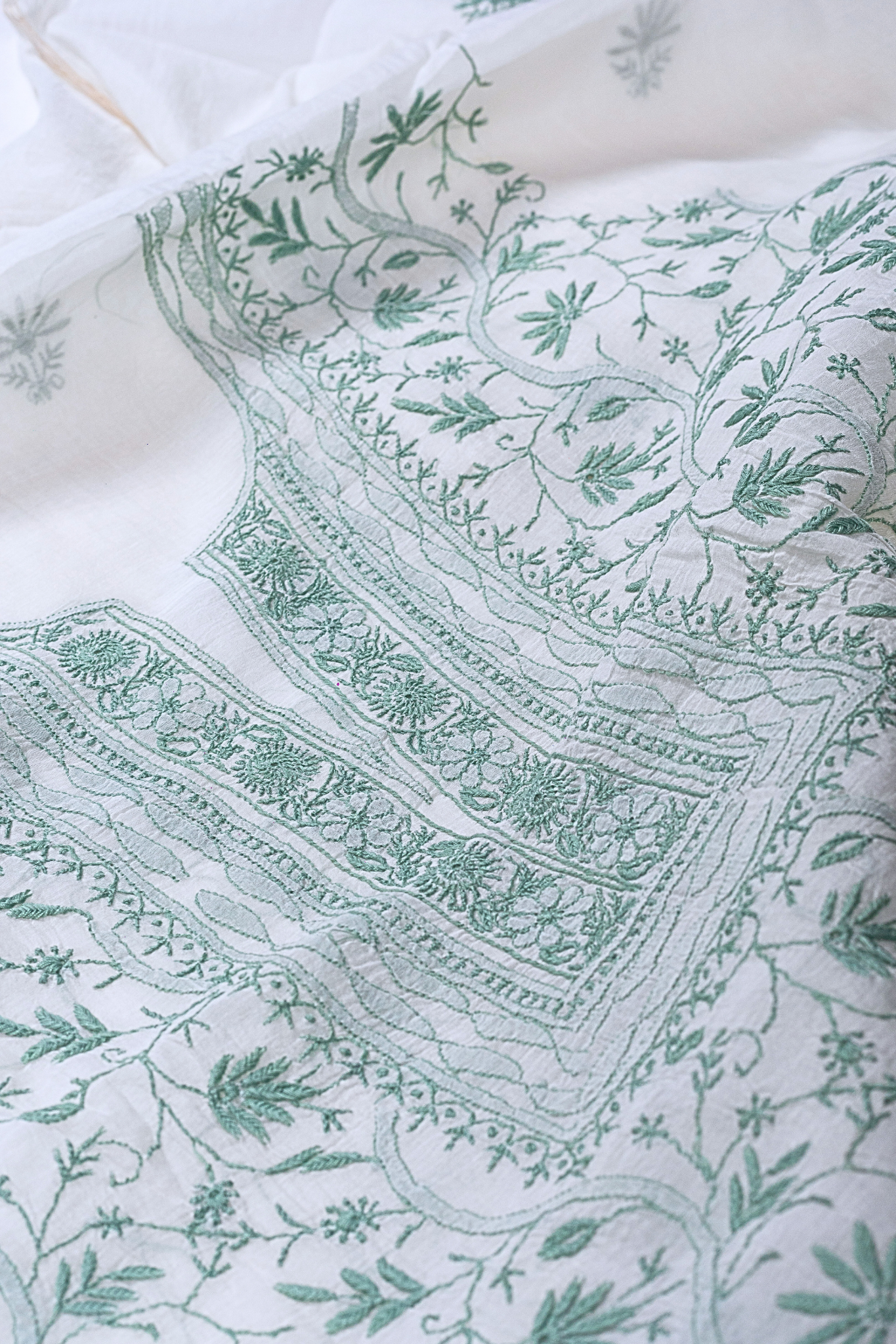 Mul Chanderi Chikankari Suit with Full Jaal Work (3 Piece, Unstitched, Off-White/Green)