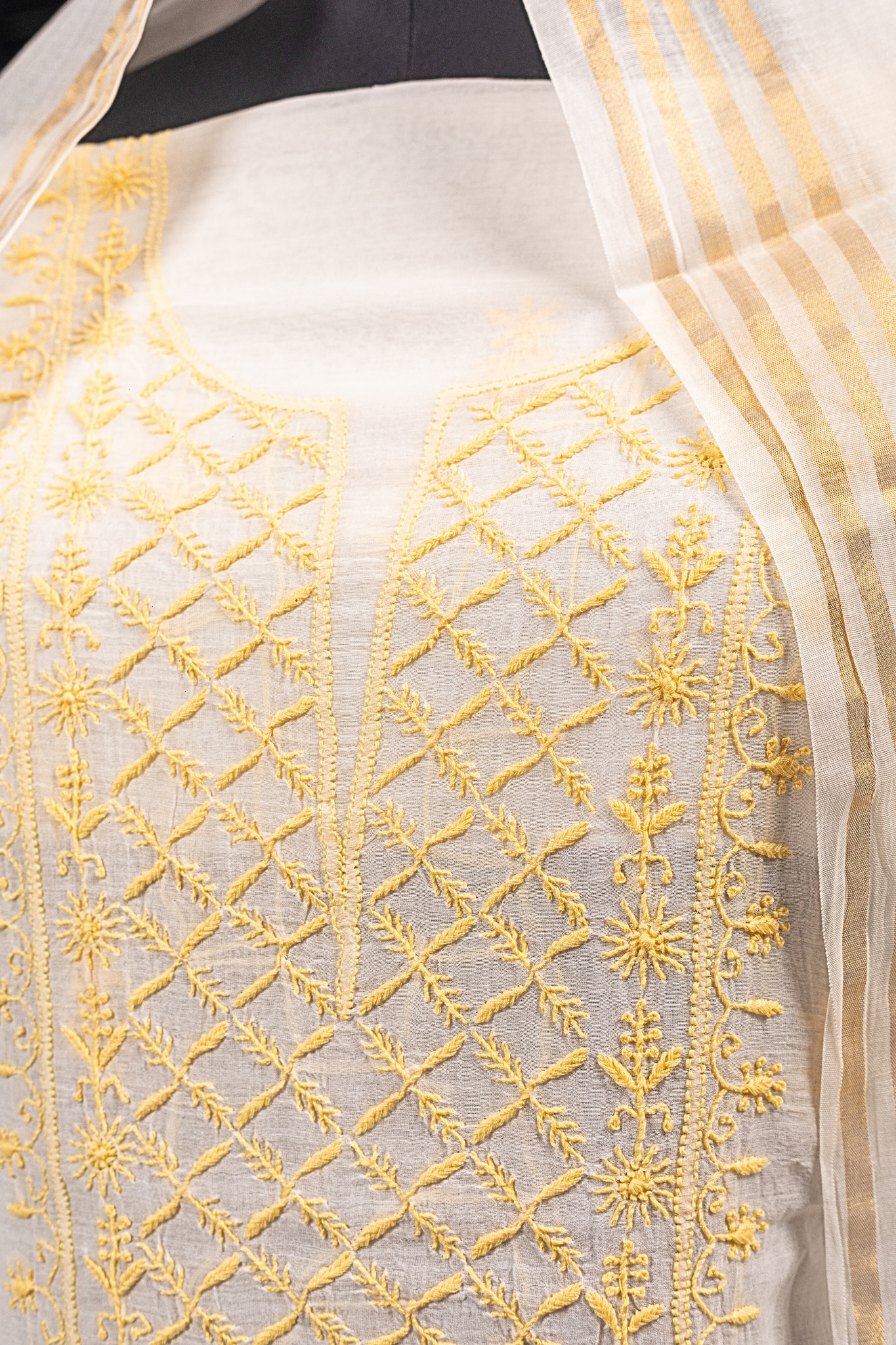 Mul Chikankari Suit with Panel Work (3 Piece, Unstitched, White/Yellow)