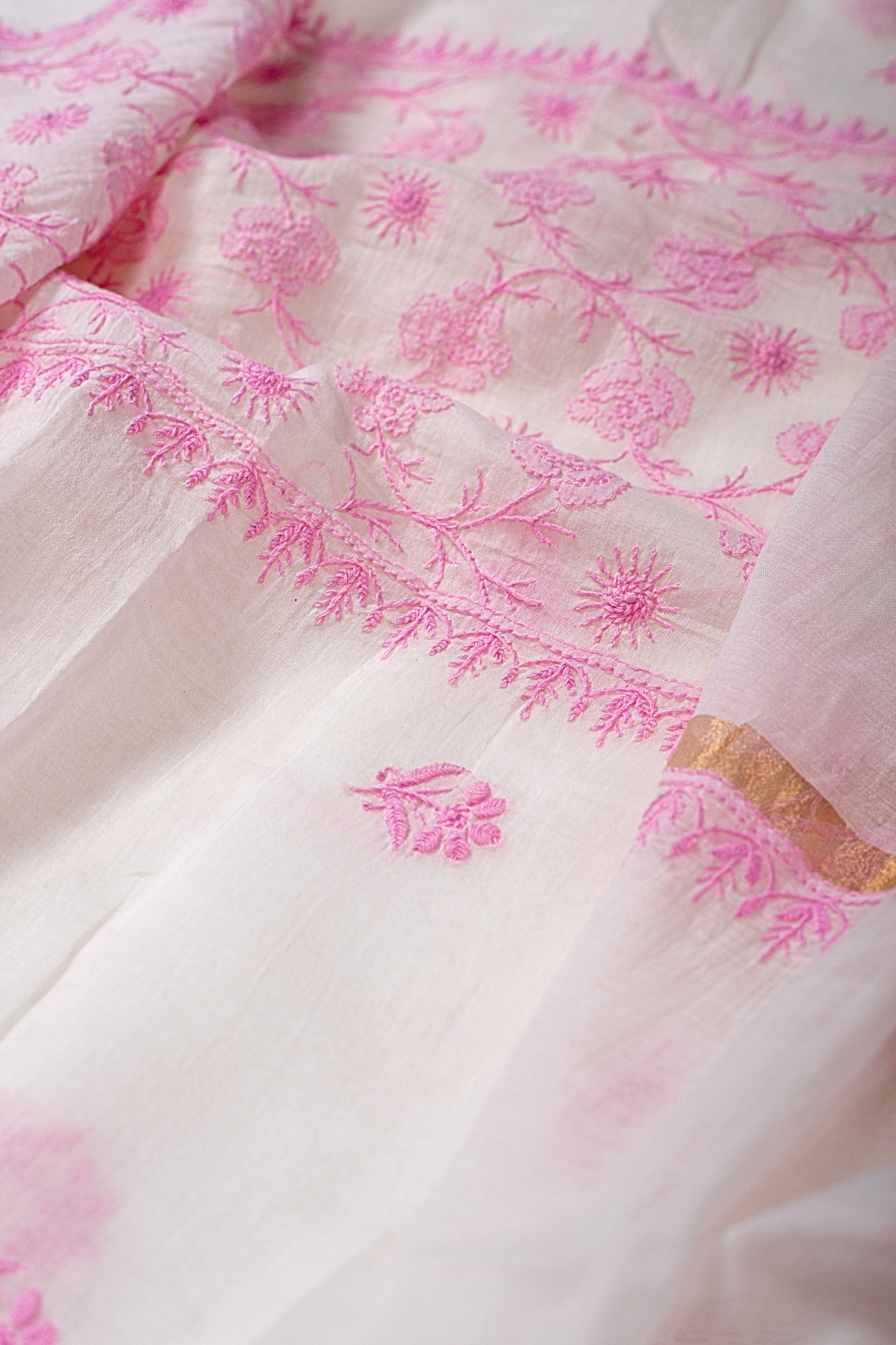 Mul Chikankari Suit with Panel Work (3 Piece, Unstitched, White/Pink)