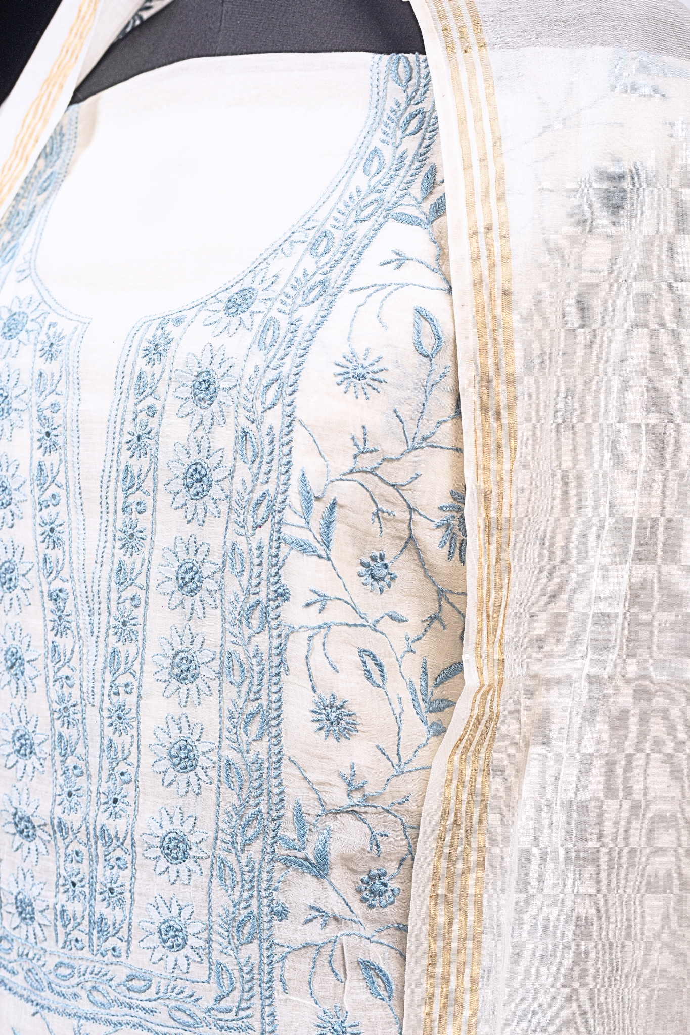 Mul Chanderi Chikankari Suit with Full Jaal Work (3 Piece, Unstitched, Off-White/Blue)