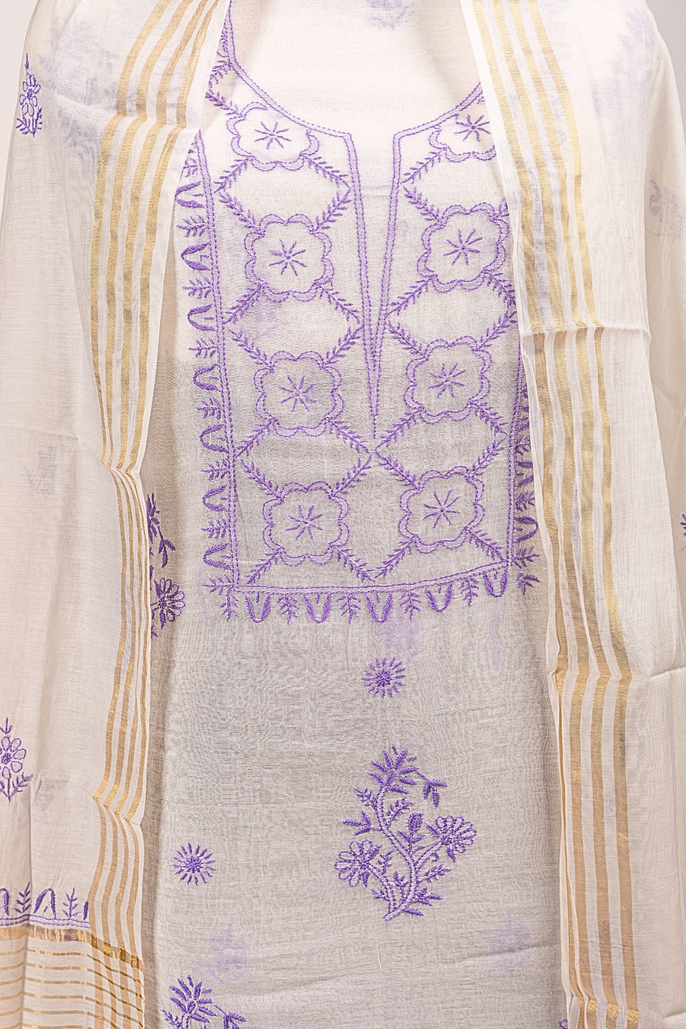 Mul Chikankari Suit with Gala Buti Work (3 Piece, Unstitched, White/Purple)