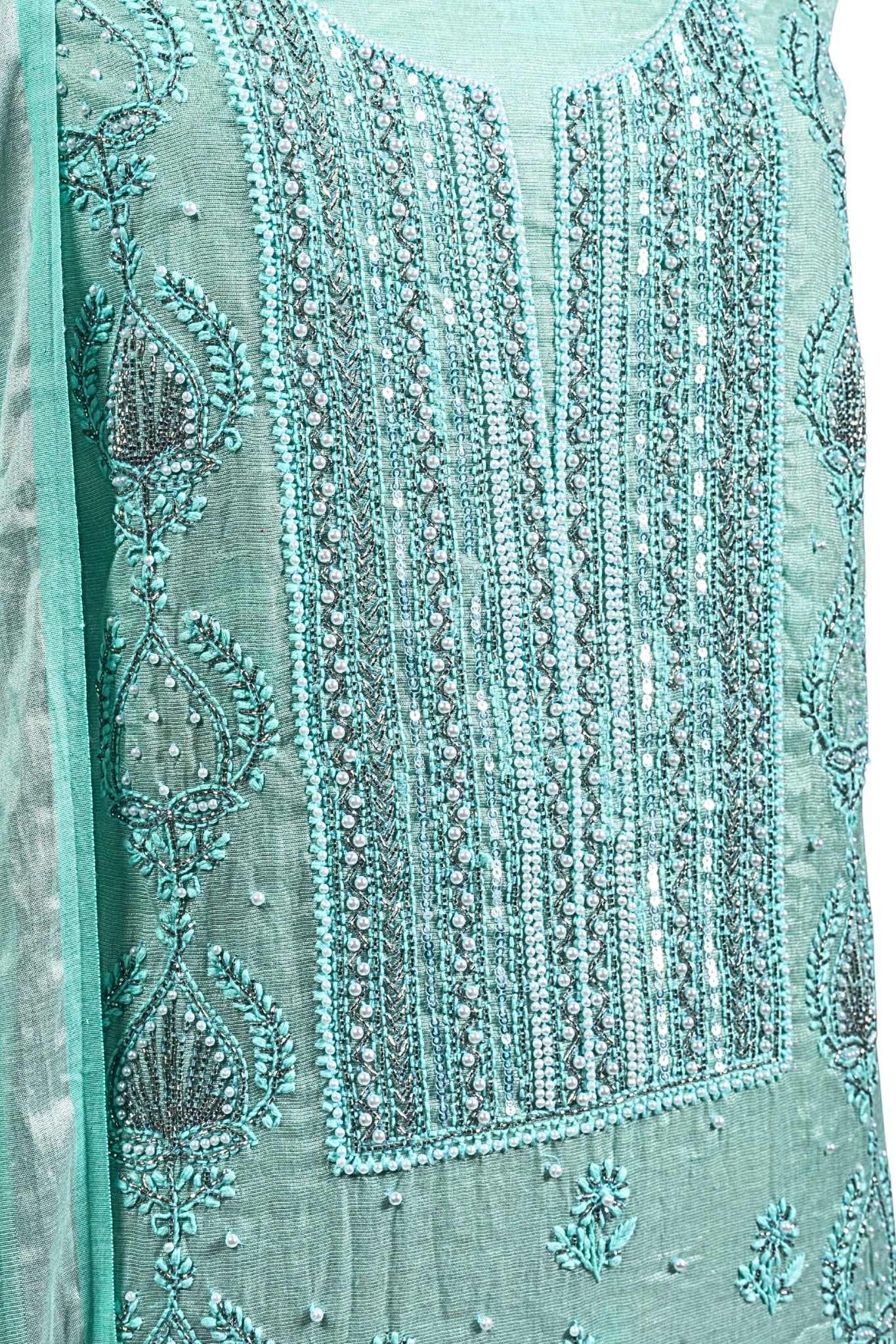 Tissue Chikankari Suit with Cutdana Moti & Add On Work (3 Piece, Unstitched, Sea Green)