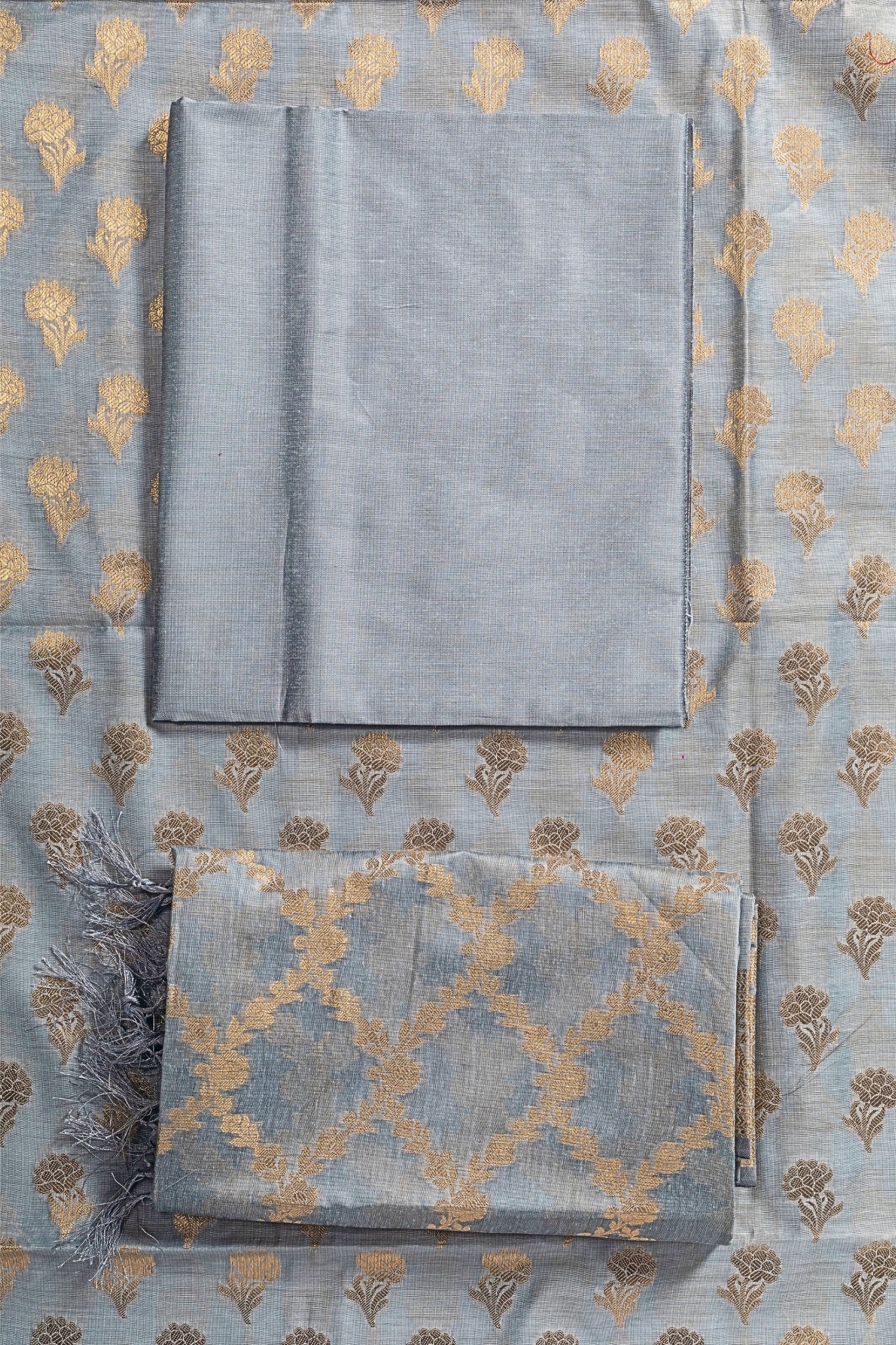 Banarasi Silk Suit(3 Piece, Unstitched, Grey)