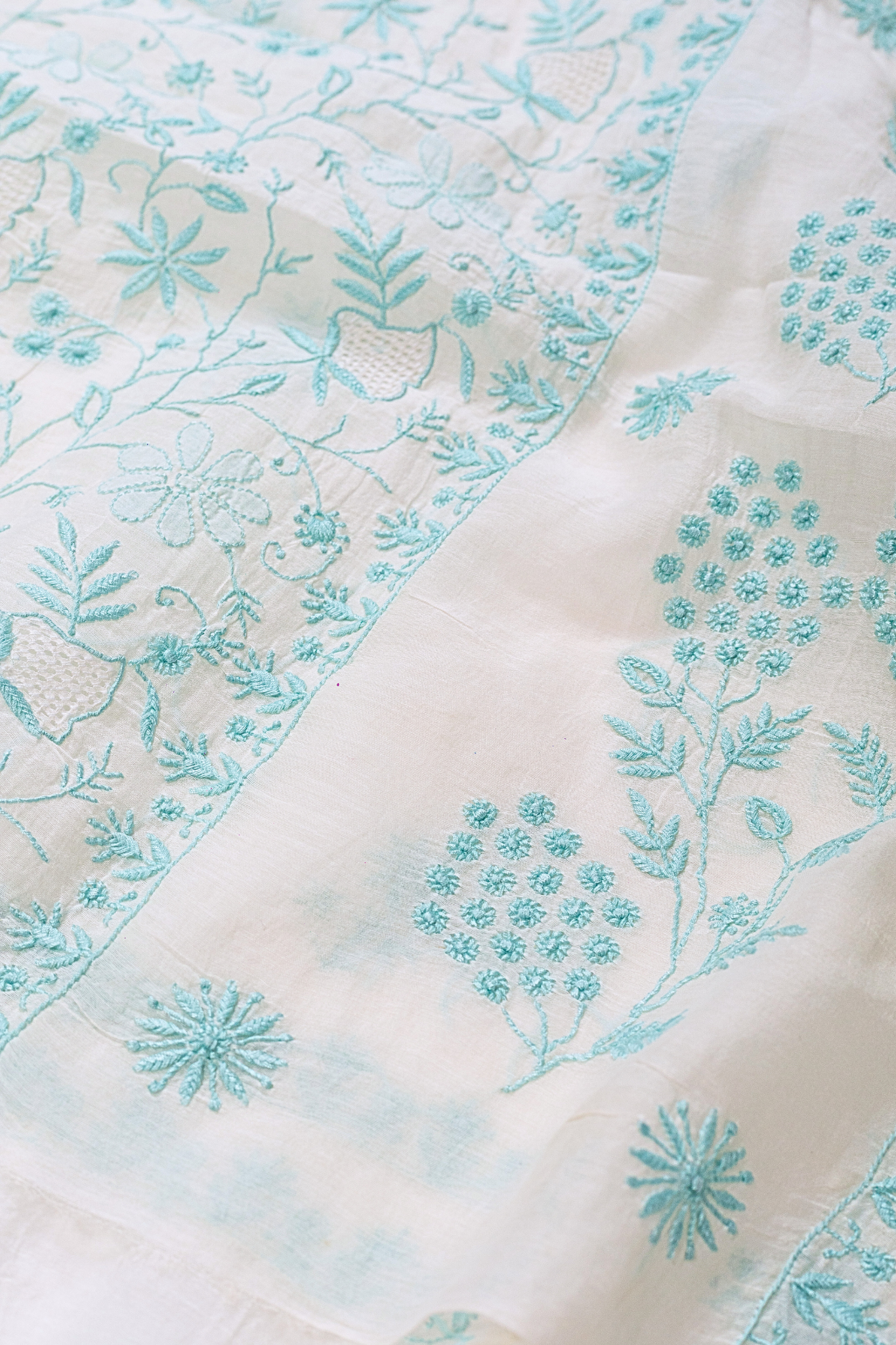 Mul Chanderi Chikankari Suit with Full Jaal Work (3 Piece, Unstitched, Off-White/Aqua Blue)