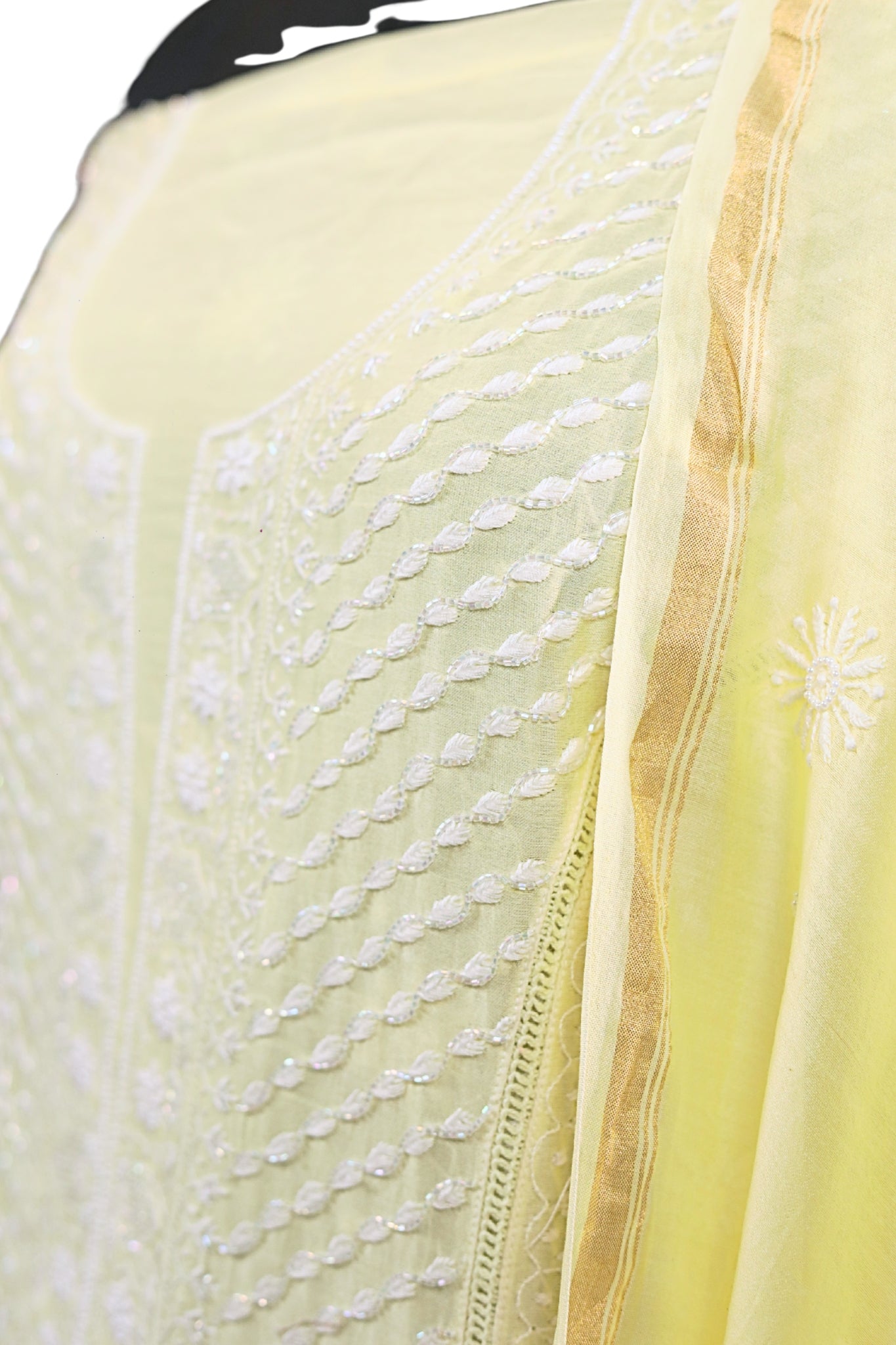 Mul Chanderi Chikankari Suit with Cutdana Moti Work (3 Piece, Unstitched, Yellow)