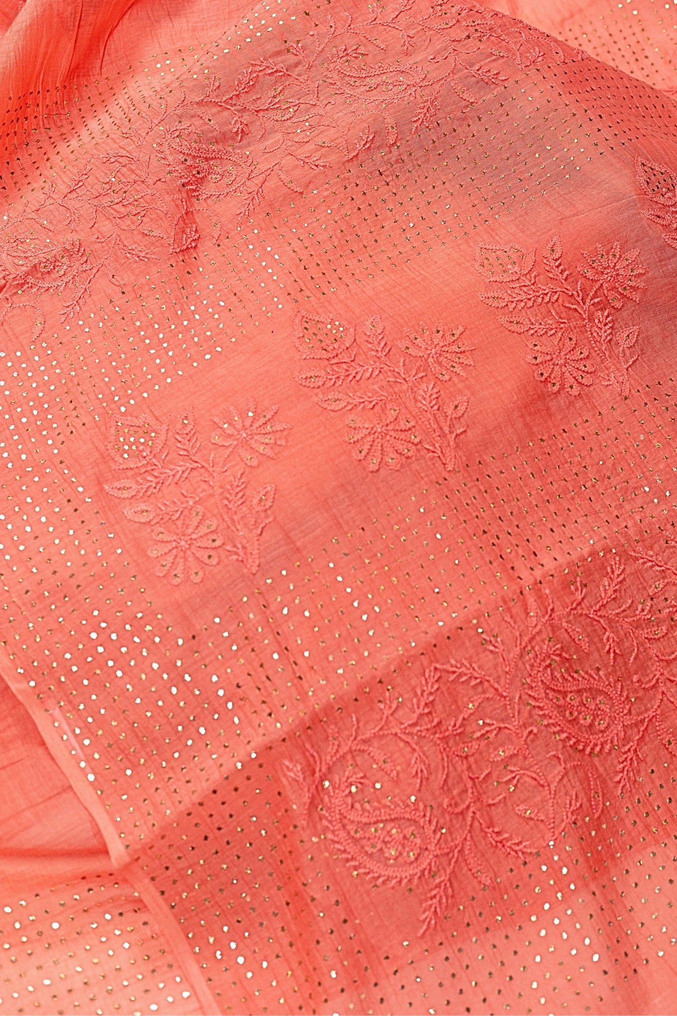 Mul Chanderi Chikankari Saree with Mukaish Work (Brick Red)