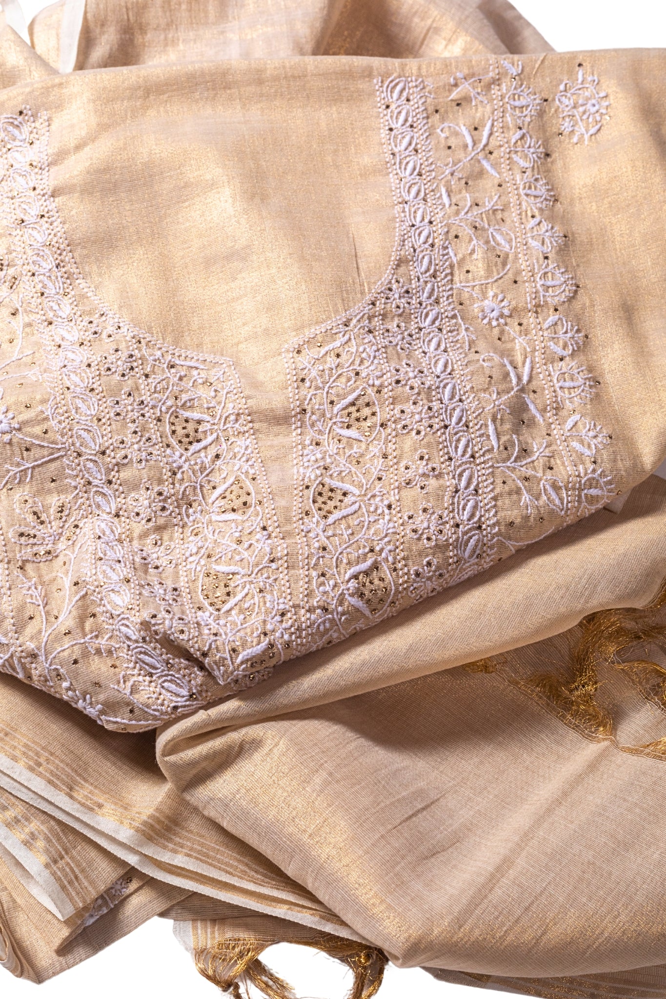 Tissue Chikankari Suit with Mukaish Work (3 Piece, Unstitched, Beige)