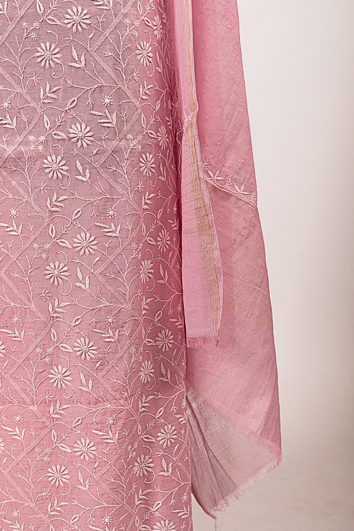 Mul Chanderi Chikankari Suit with Phool Patti & Jaal Work (3 Piece, Unstitched, Onion Pink)