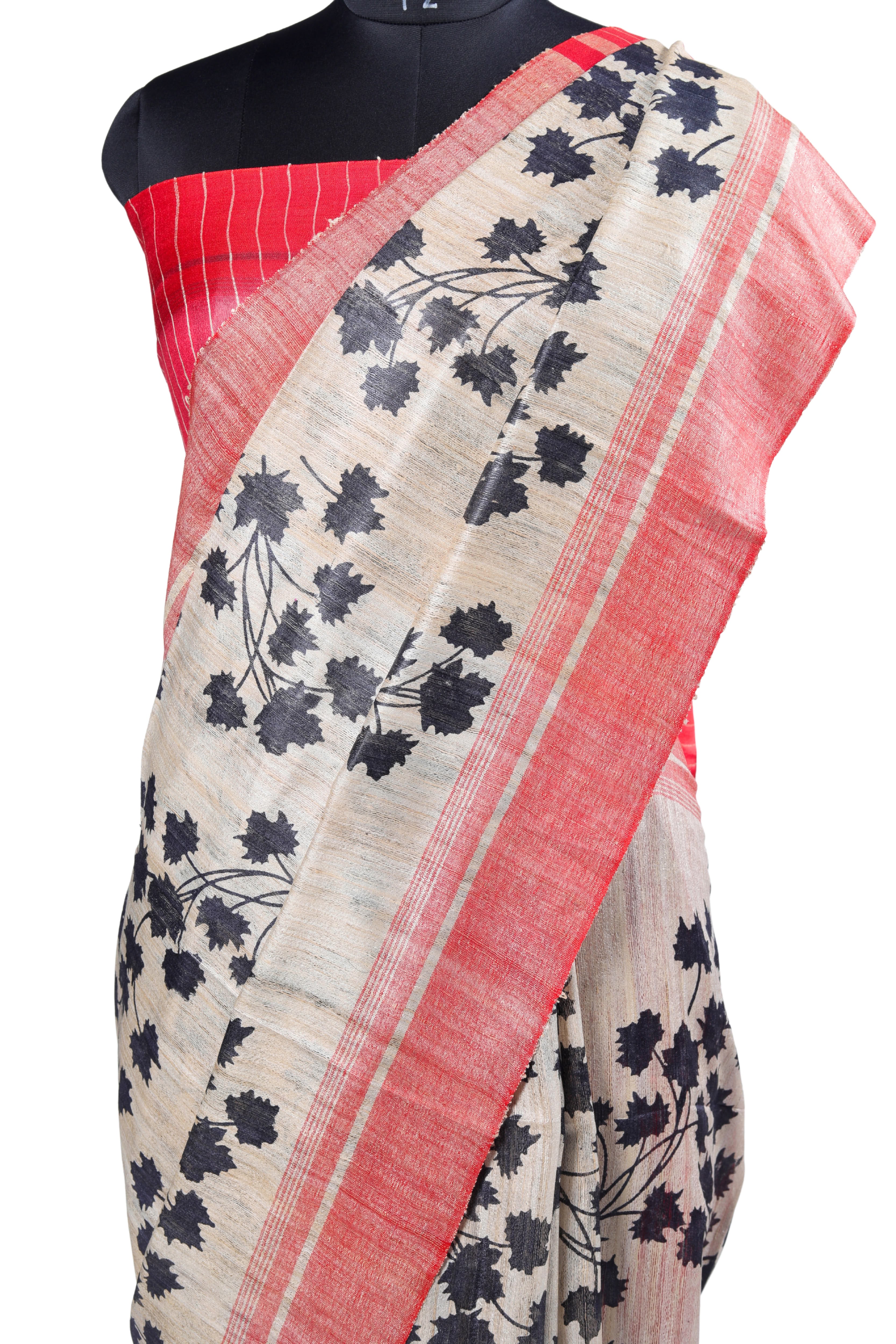 Bengali Handloom Gicha Tussar Silk Saree (Soft Beige/Red)