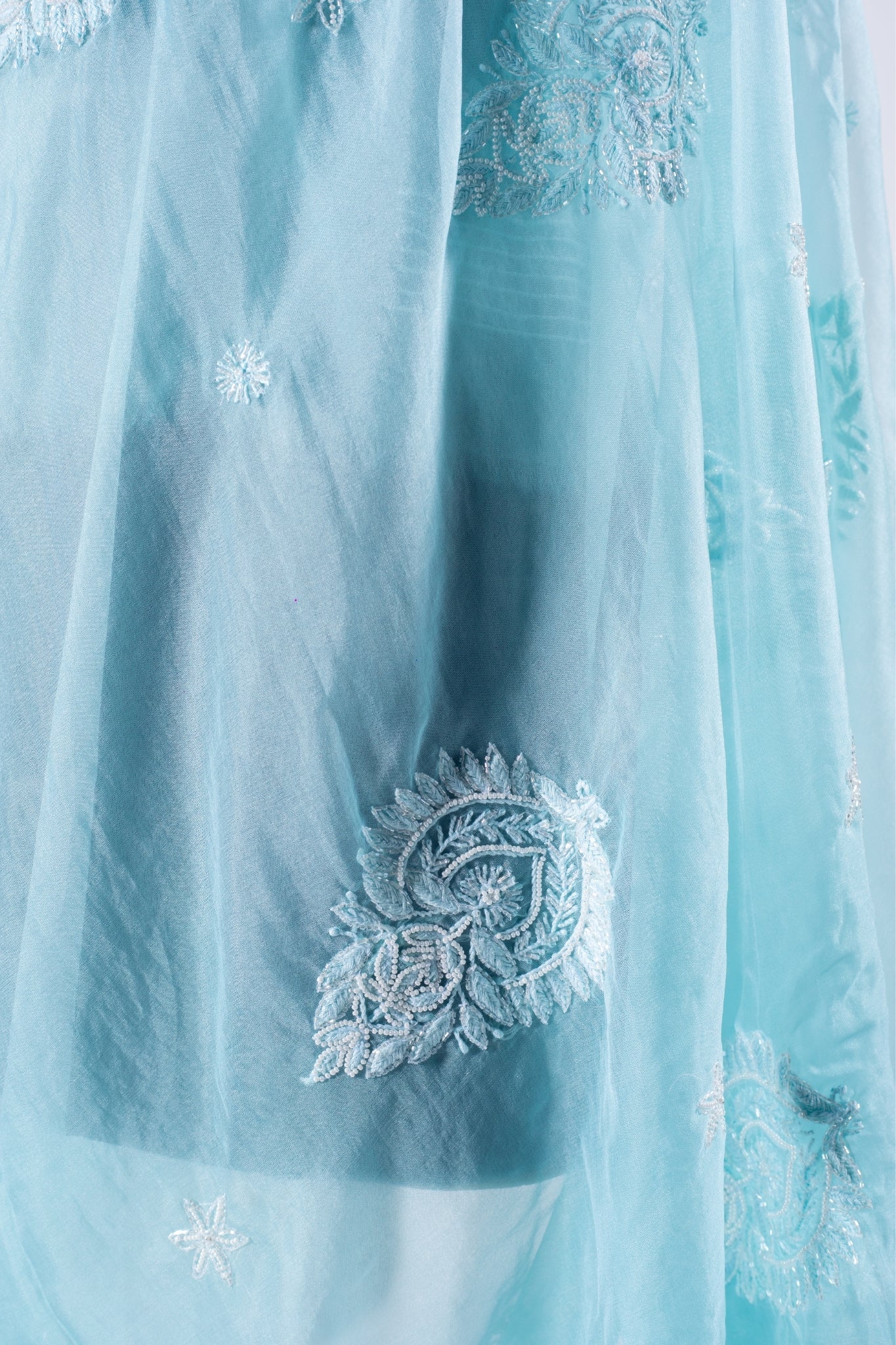Organza Saree with Chikankari Cutdana Work(Powder Blue)