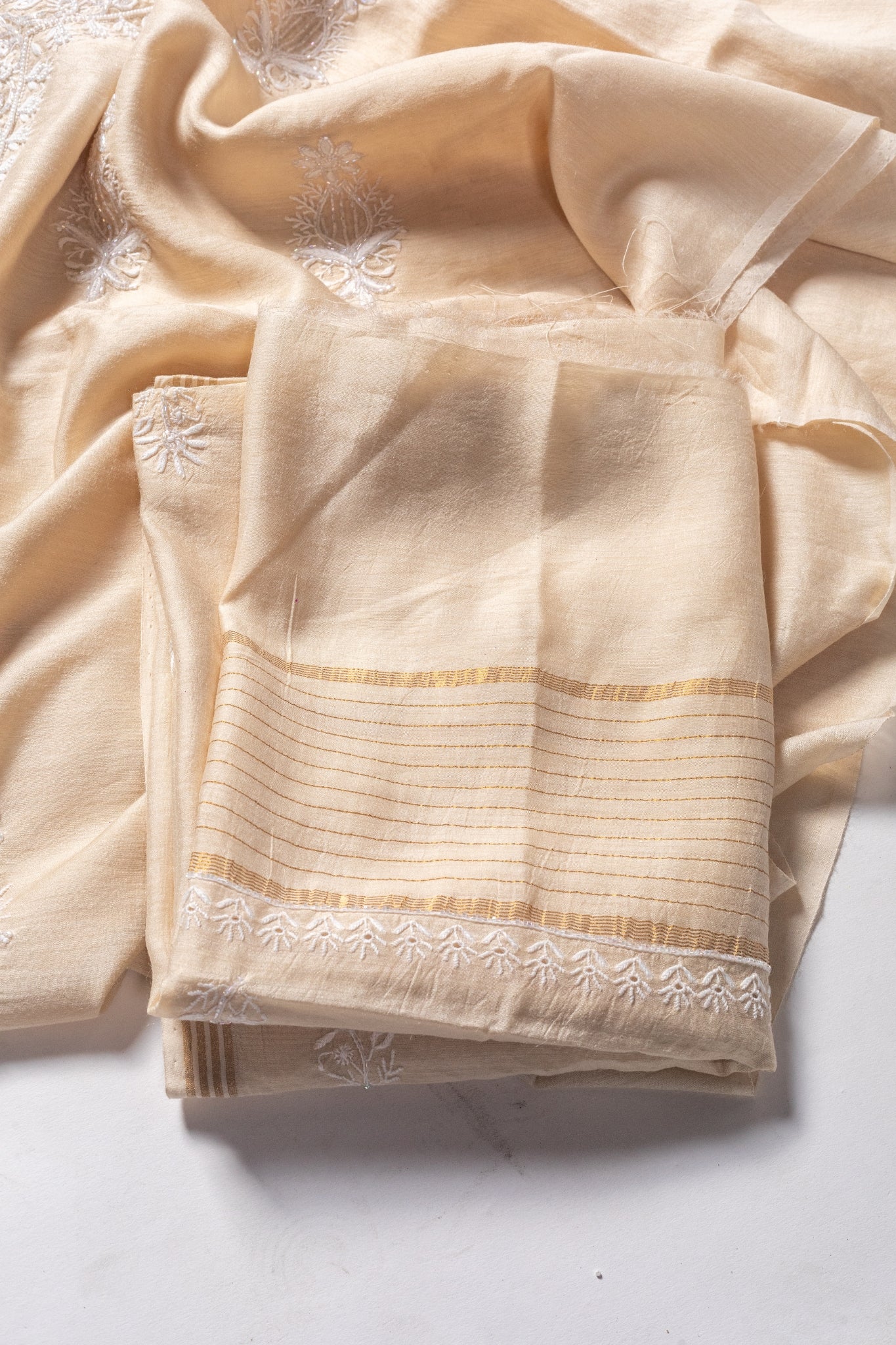 Moga Silk Chikankari Suit with Moti Work(3 Piece, Unstitched, Beige)