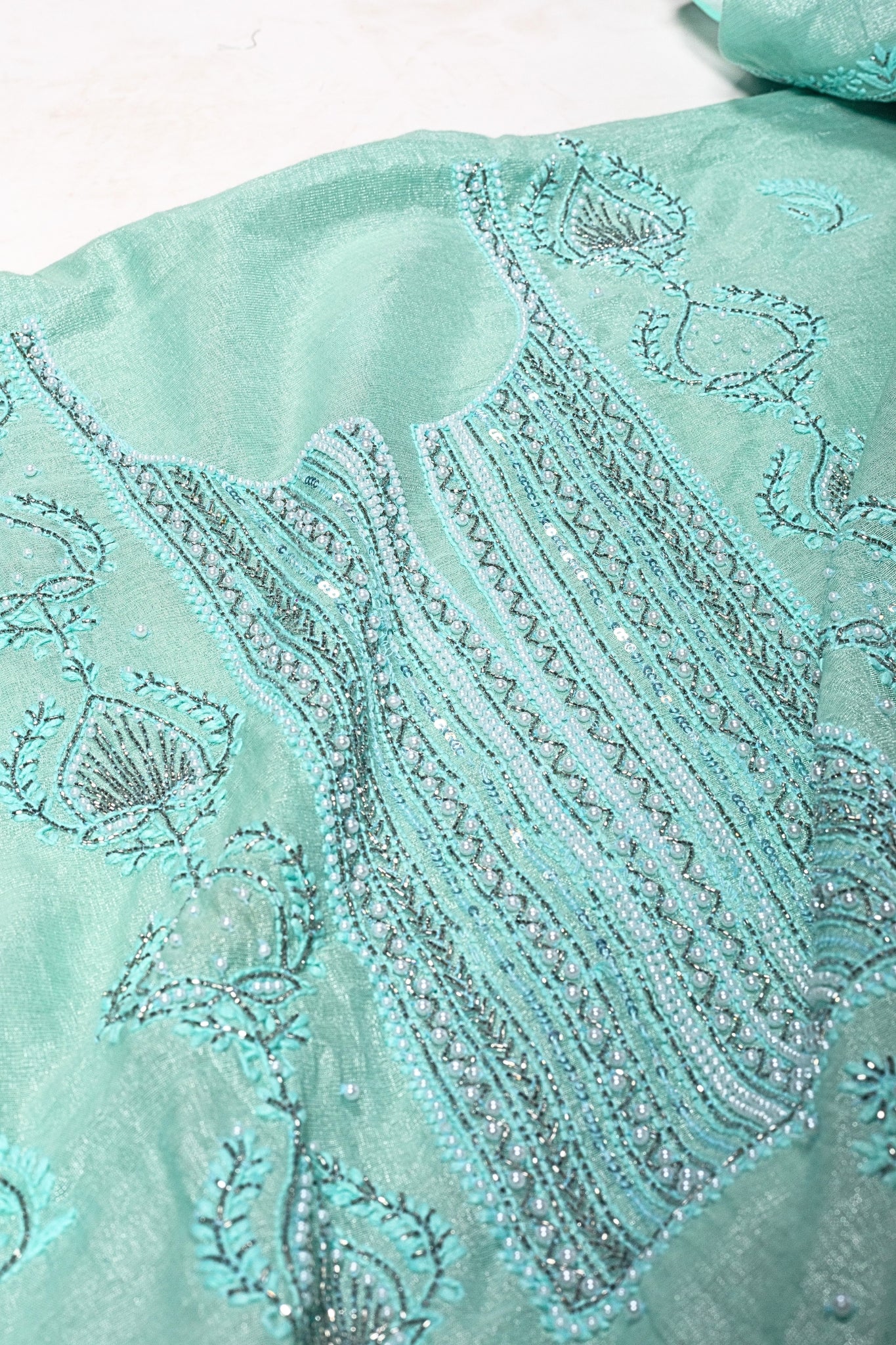 Tissue Chikankari Suit with Cutdana Moti & Add On Work (3 Piece, Unstitched, Sea Green)