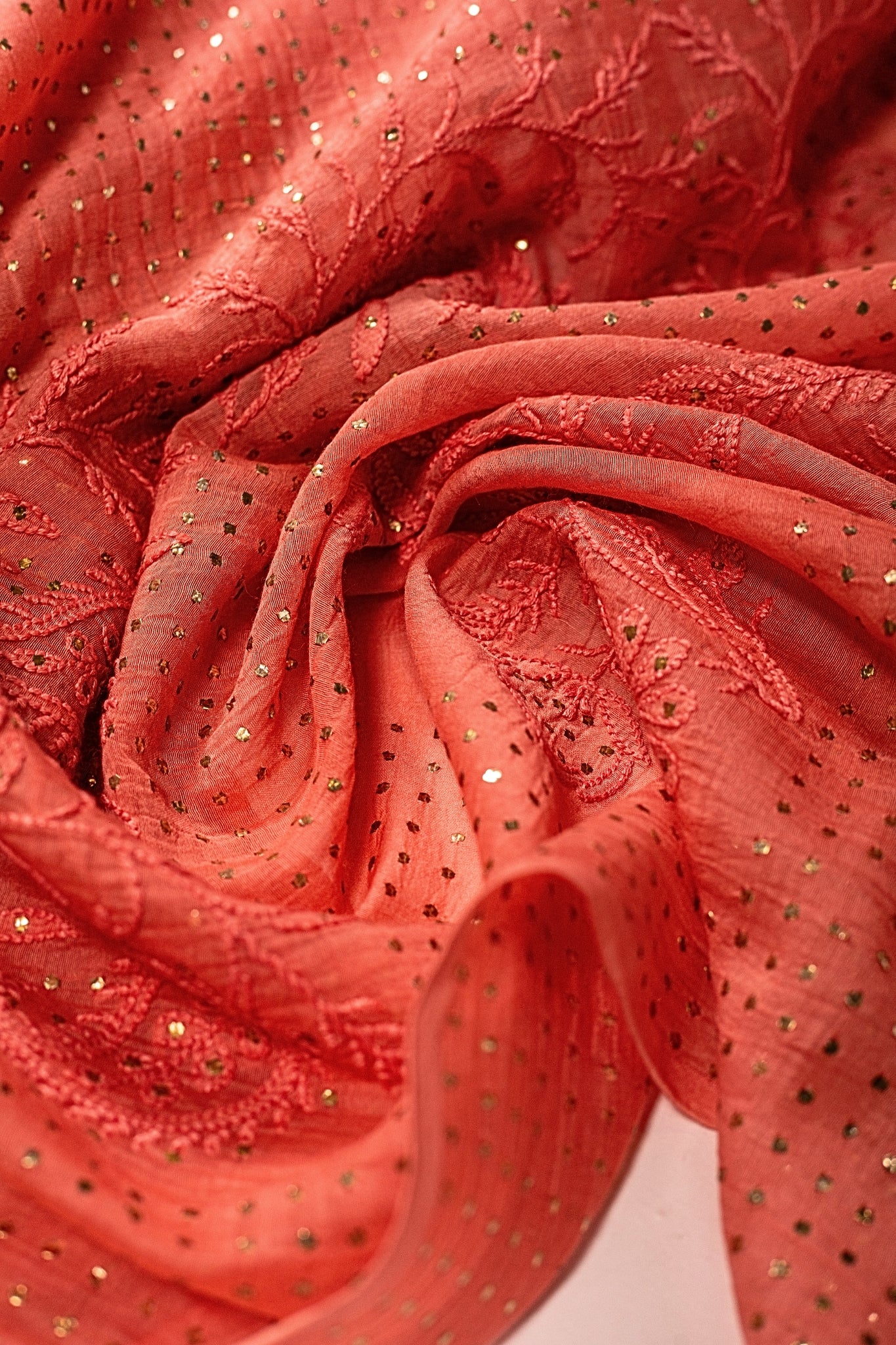 Mul Chanderi Chikankari Saree with Mukaish Work (Brick Red)