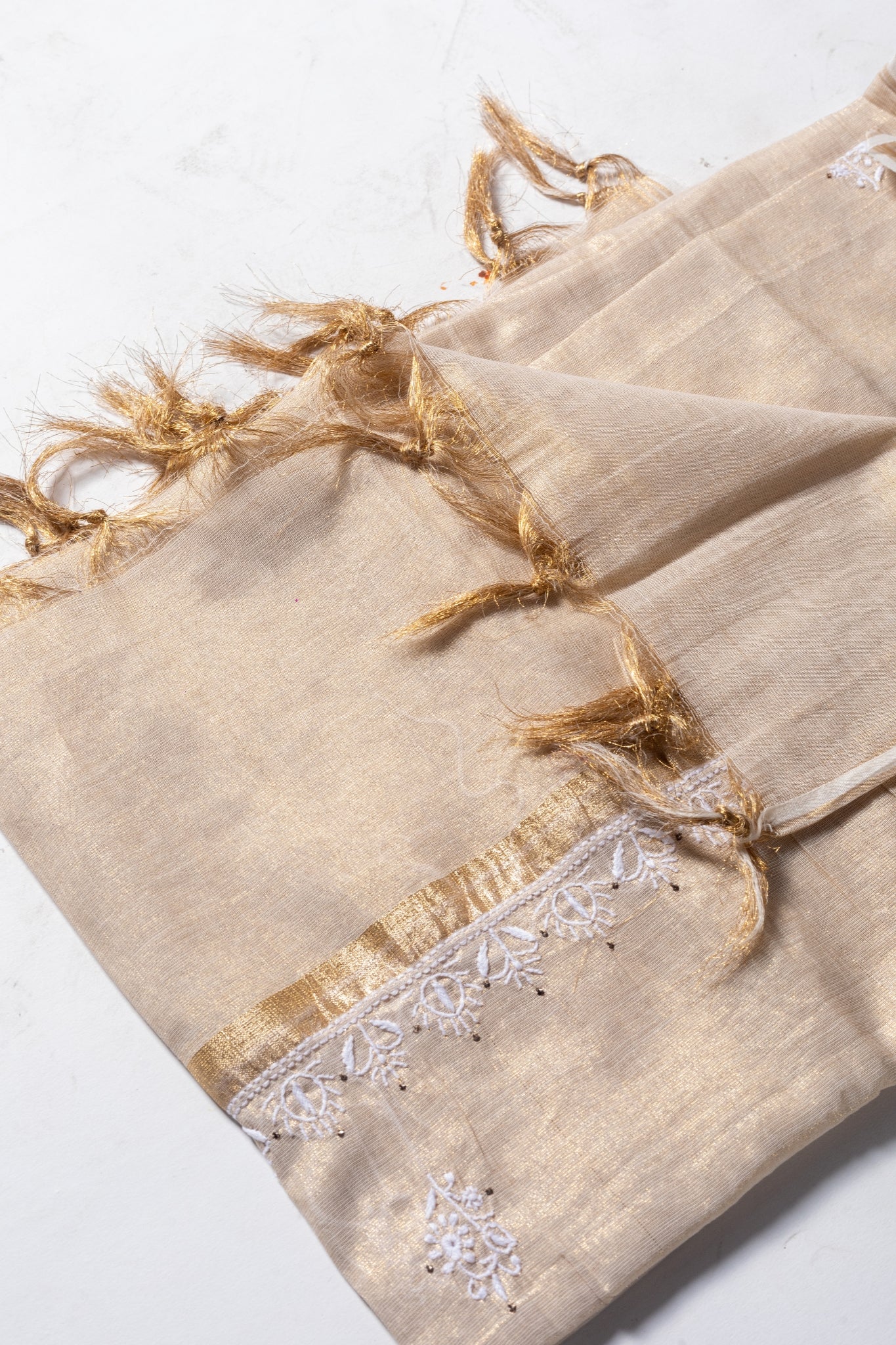 Tissue Chikankari Suit with Mukaish Work (3 Piece, Unstitched, Beige)