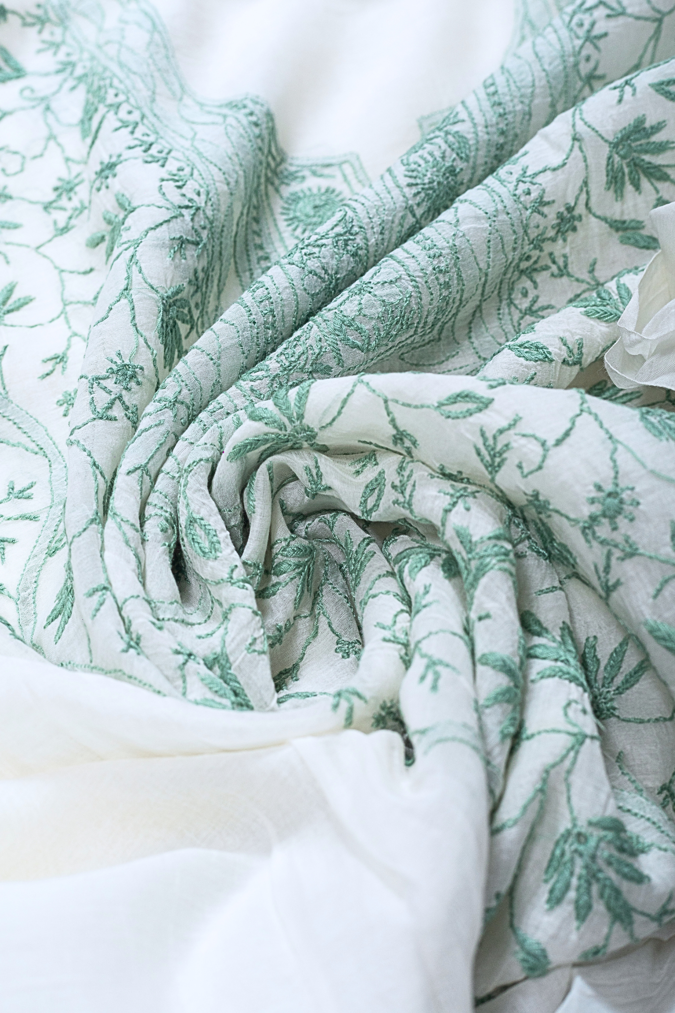 Mul Chanderi Chikankari Suit with Full Jaal Work (3 Piece, Unstitched, Off-White/Green)