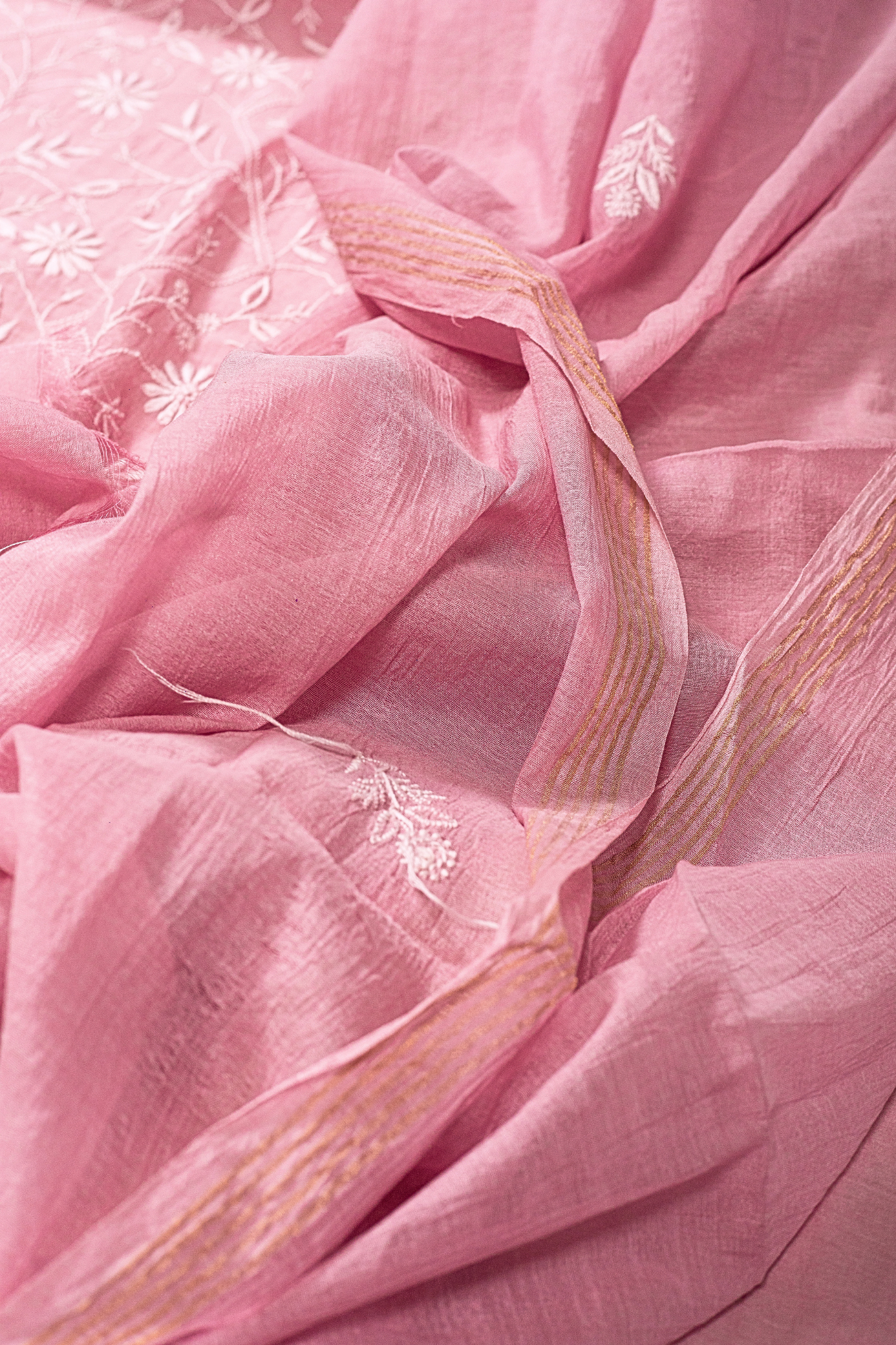 Mul Chanderi Chikankari Suit with Phool Patti & Jaal Work (3 Piece, Unstitched, Onion Pink)