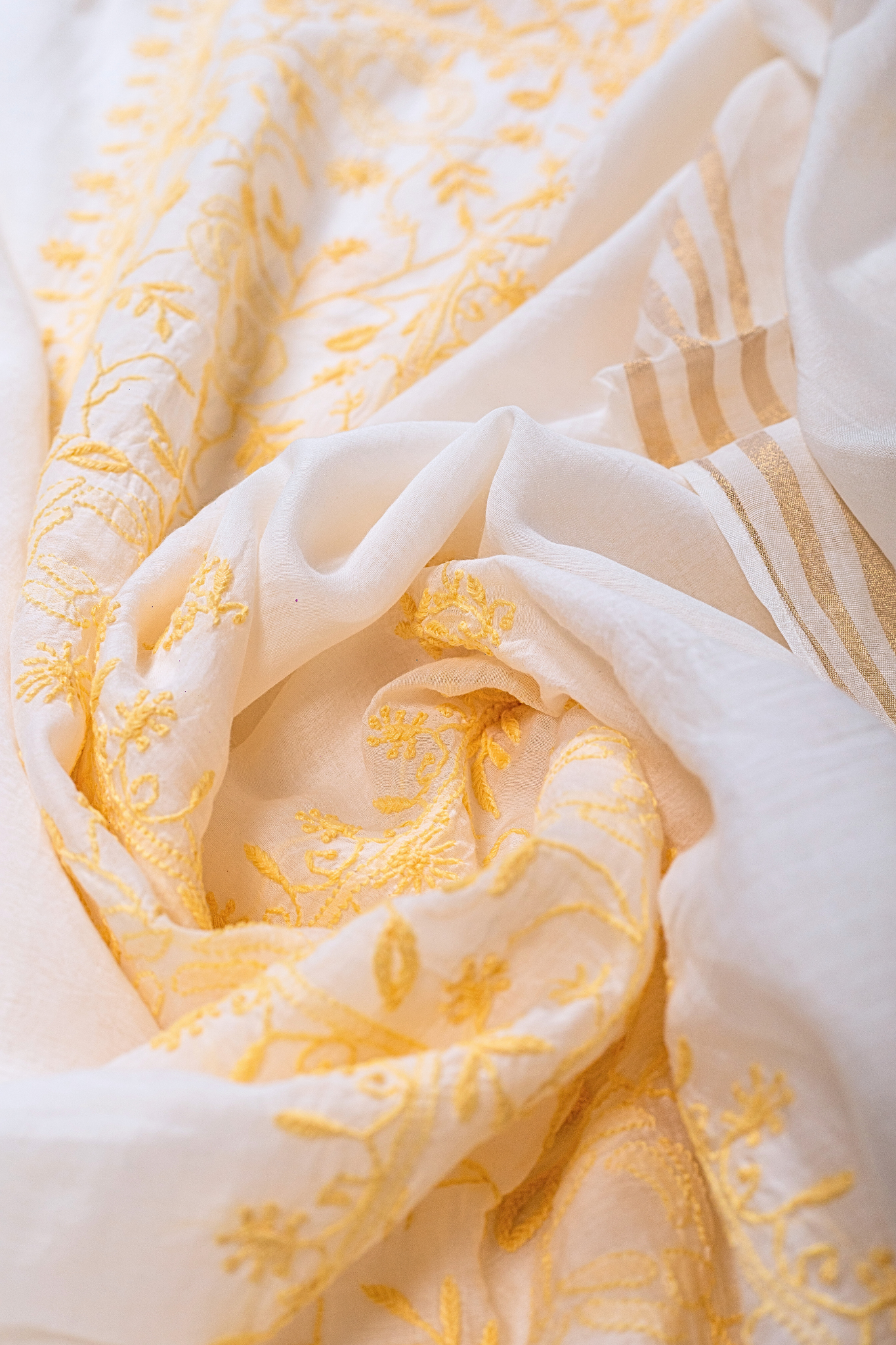 Mul Chikankari Suit with Panel Work (3 Piece, Unstitched, White/Yellow)