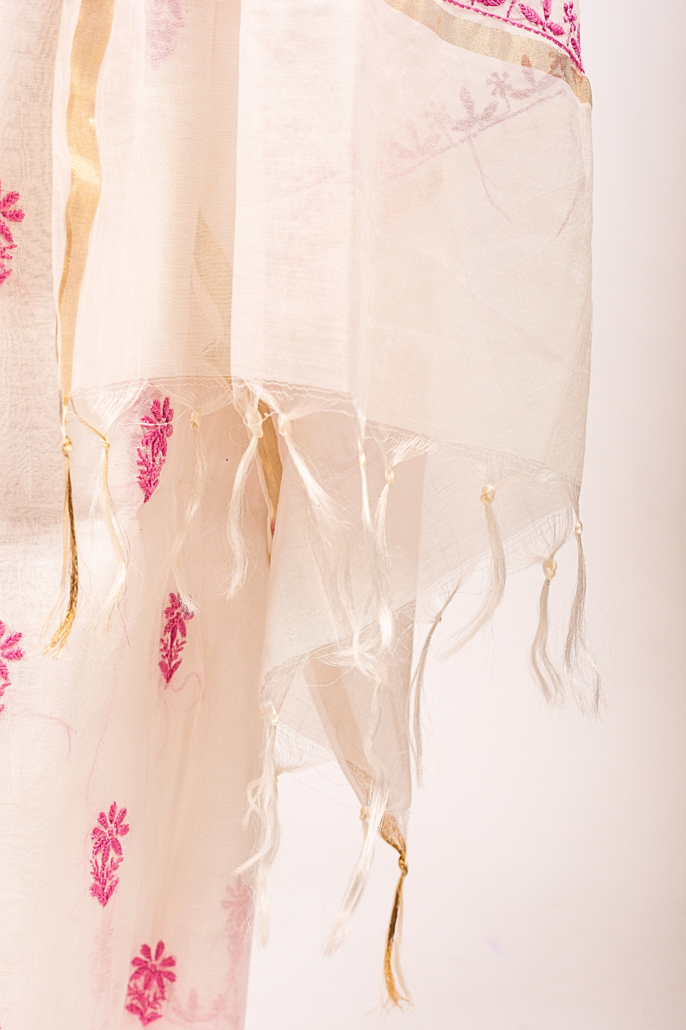 Mul Chikankari Suit with Panel Work (3 Piece, Unstitched, White/Dark Pink)