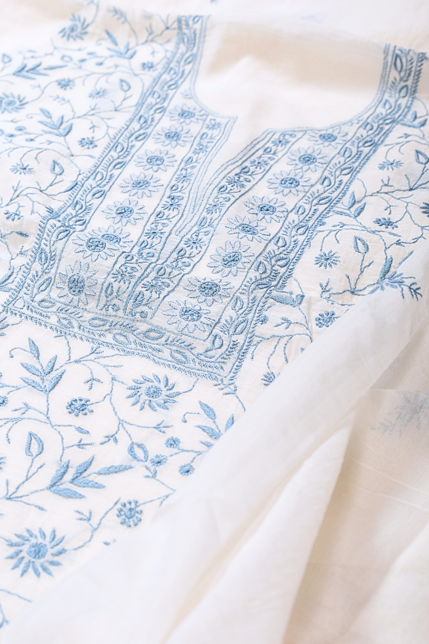 Mul Chanderi Chikankari Suit with Full Jaal Work (3 Piece, Unstitched, Off-White/Blue)