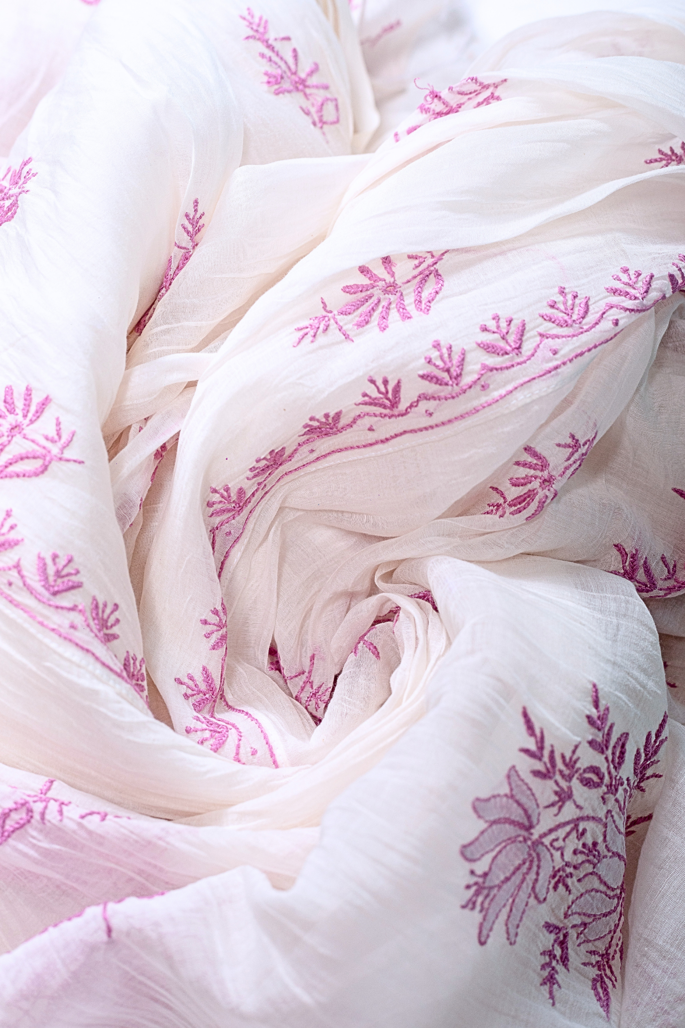 Mul Chanderi Semi-stitched Chikankari Anarkali Suit (3 Piece, Off-White with Coloured Embroidery)