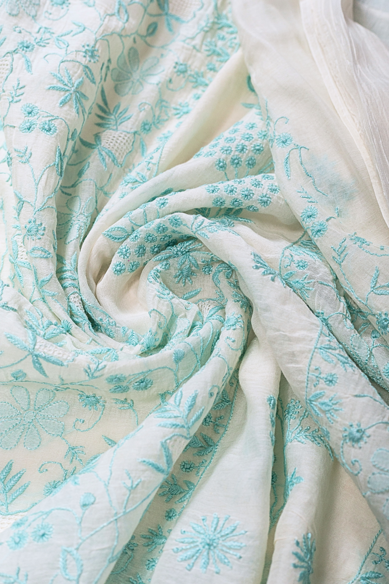 Mul Chanderi Chikankari Suit with Full Jaal Work (3 Piece, Unstitched, Off-White/Aqua Blue)