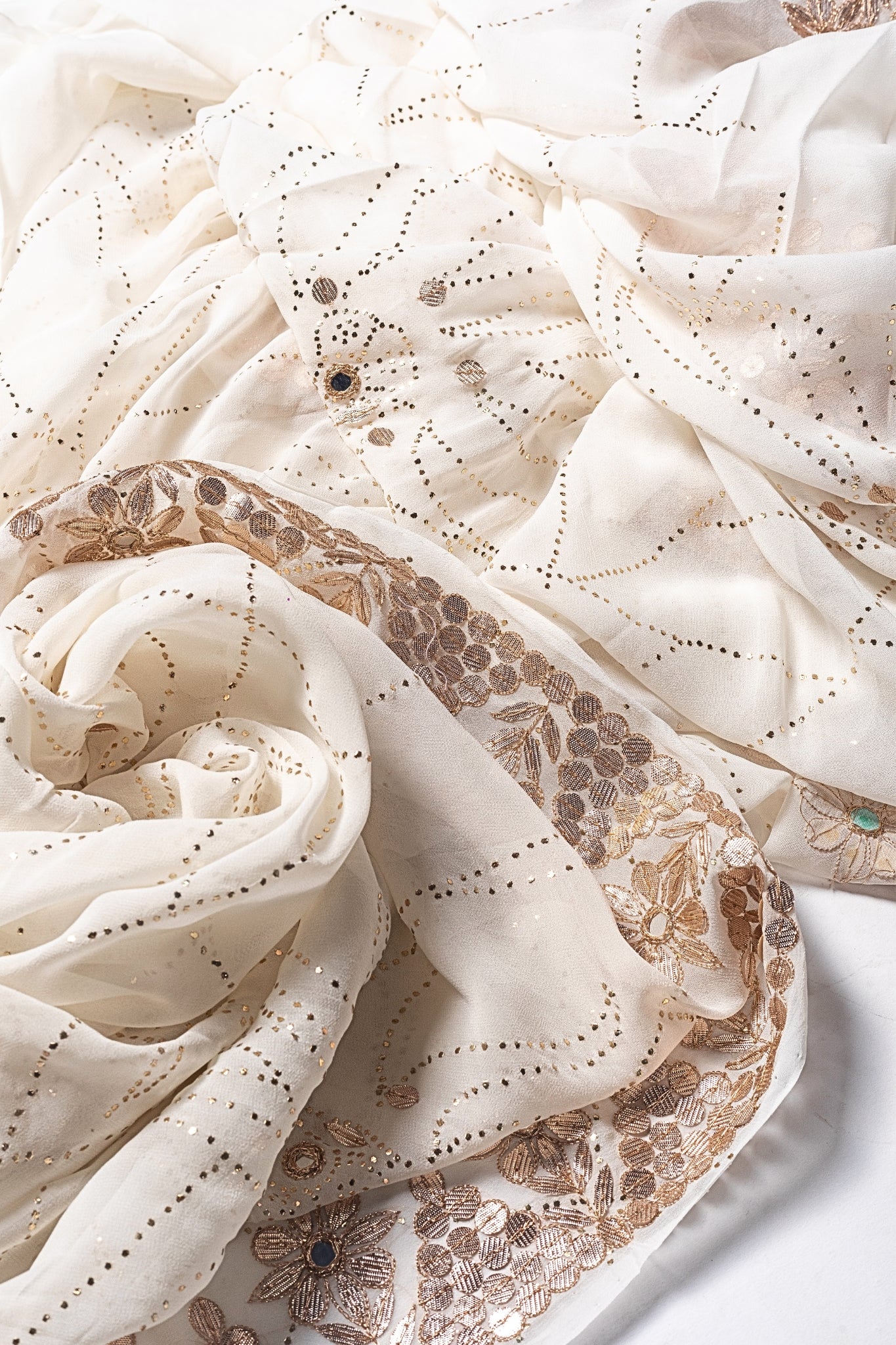 Viscose Chikankari Saree with Mukaish & Gota Patti Work (Off-White, Dyeable)