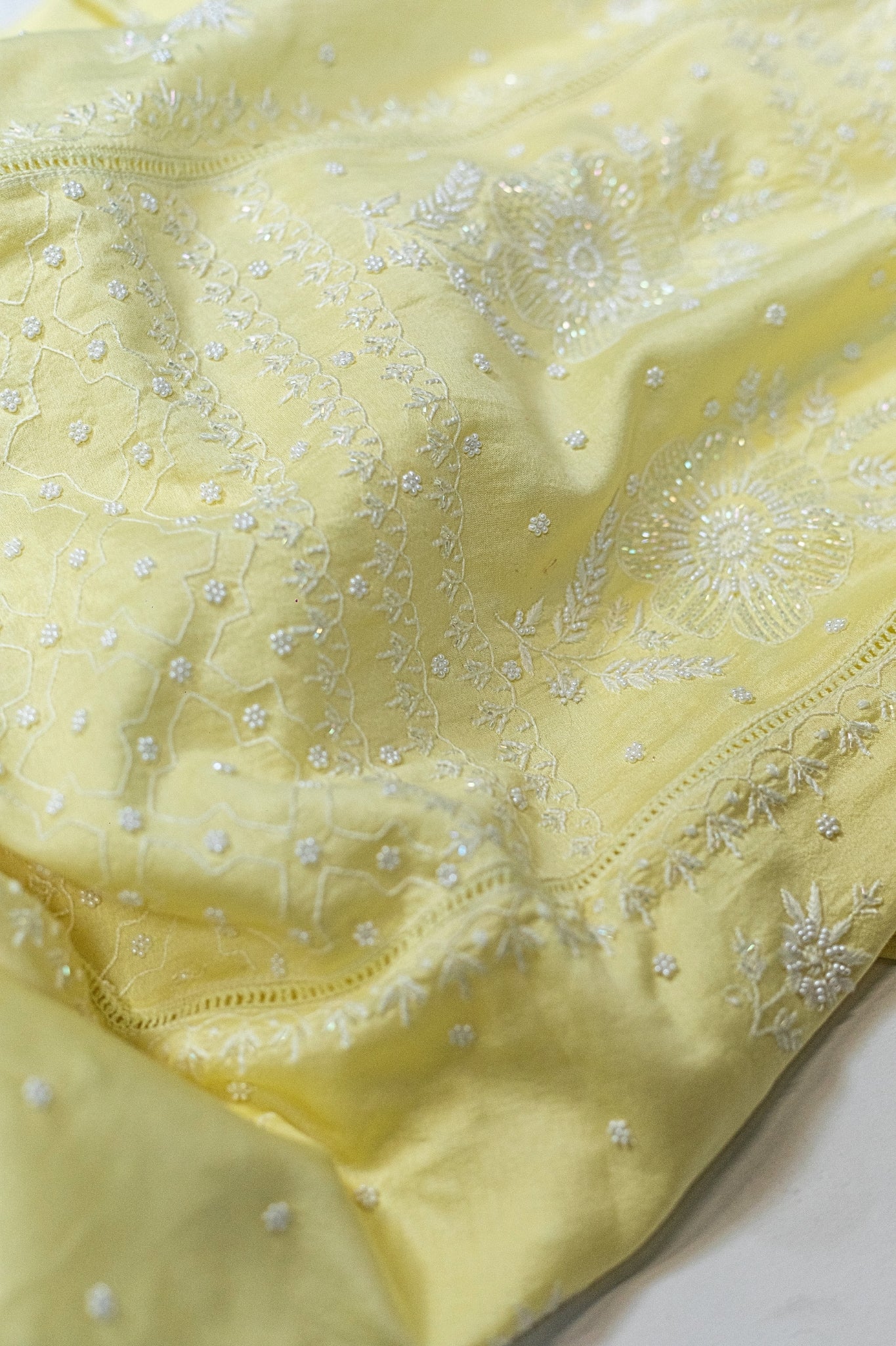 Mul Chanderi Chikankari Suit with Cutdana Moti Work (3 Piece, Unstitched, Yellow)