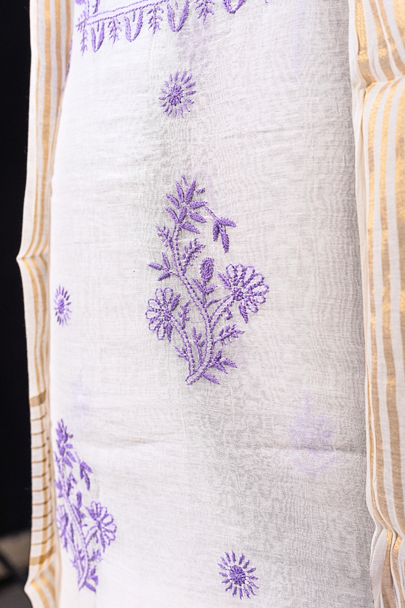 Mul Chikankari Suit with Gala Buti Work (3 Piece, Unstitched, White/Purple)