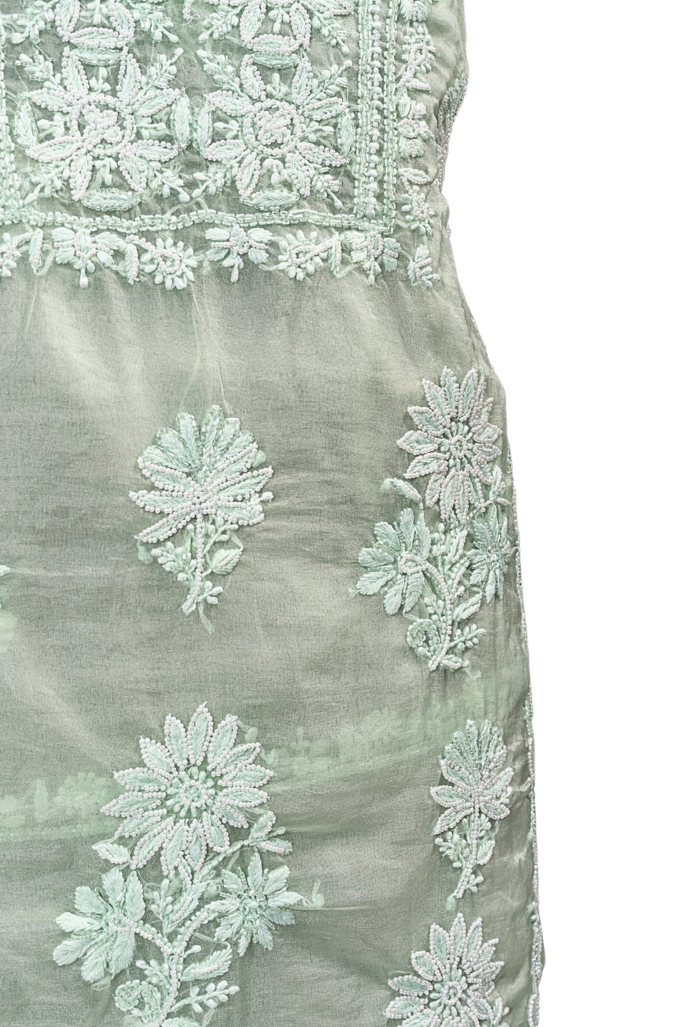 Organza Chikankari Suit with Cutdana Moti Work(4 Piece, Unstitched, Sea Green)