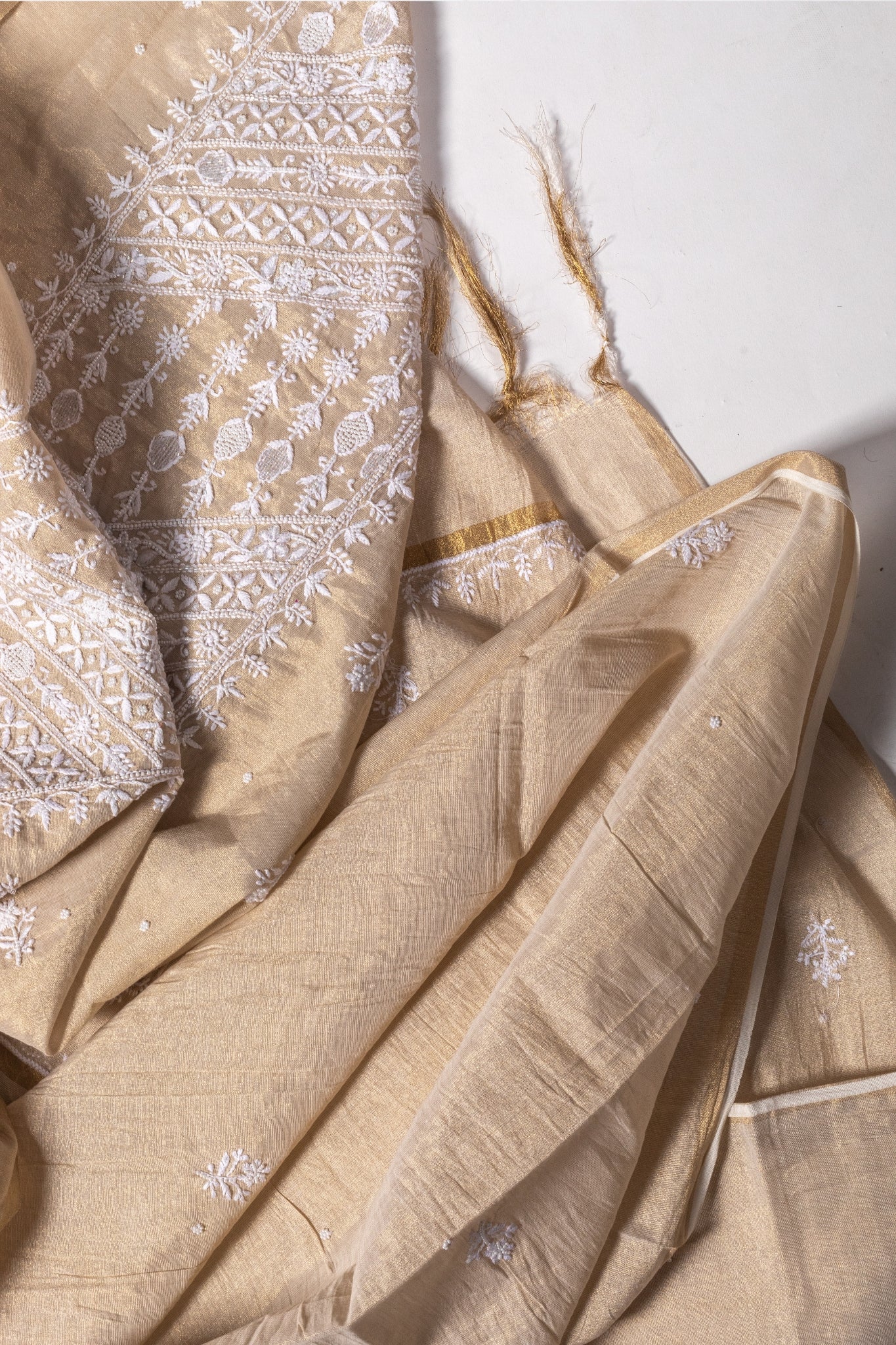 Tissue Chikankari Suit with Cutdana Moti Work (3 Piece, Unstitched, Beige)